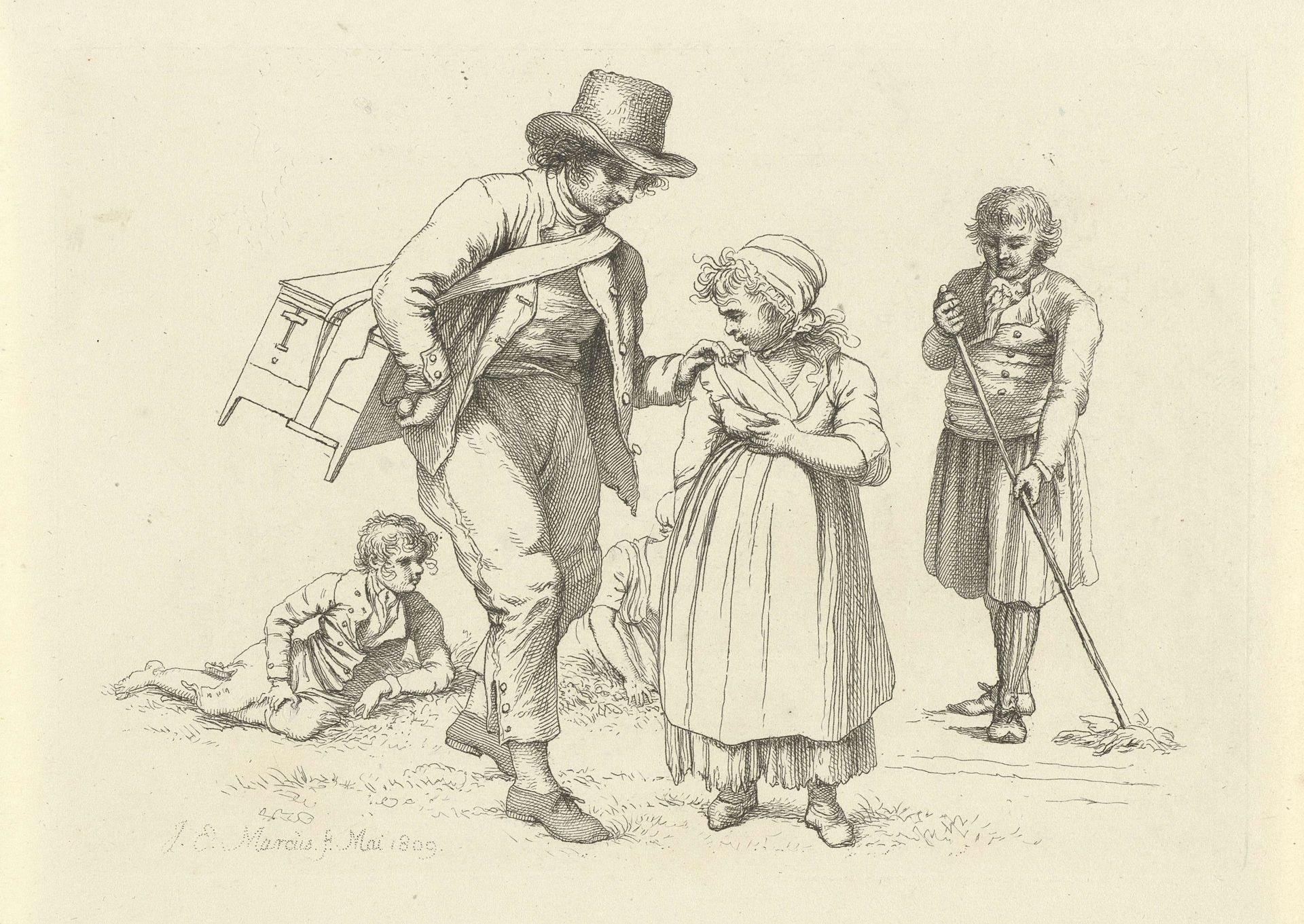 Studieblad met een man met een draaiorgel en een meisje by Jacob Ernst Marcus