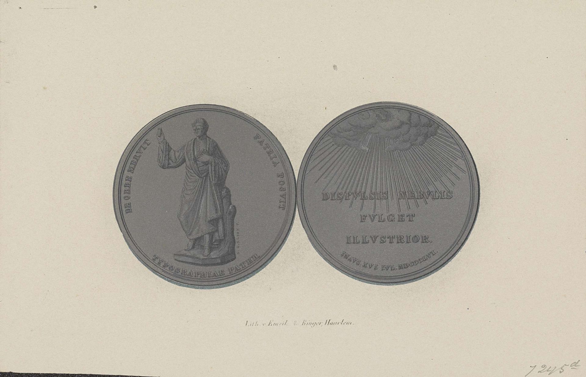 Gedenkpenning met het standbeeld van Coster in Haarlem, 1856 by Emrik & Binger