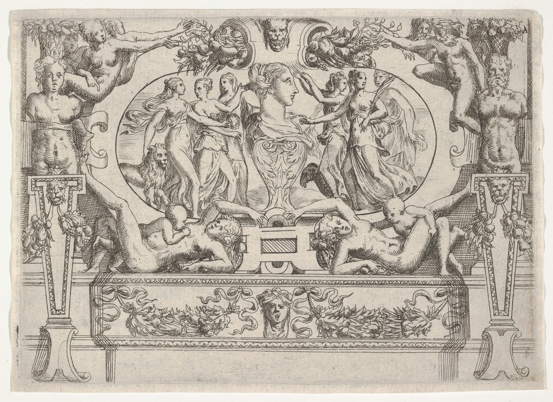 Bust of a woman flanked by three women on each side, set within an elaborate frame by Battista Angolo del Moro