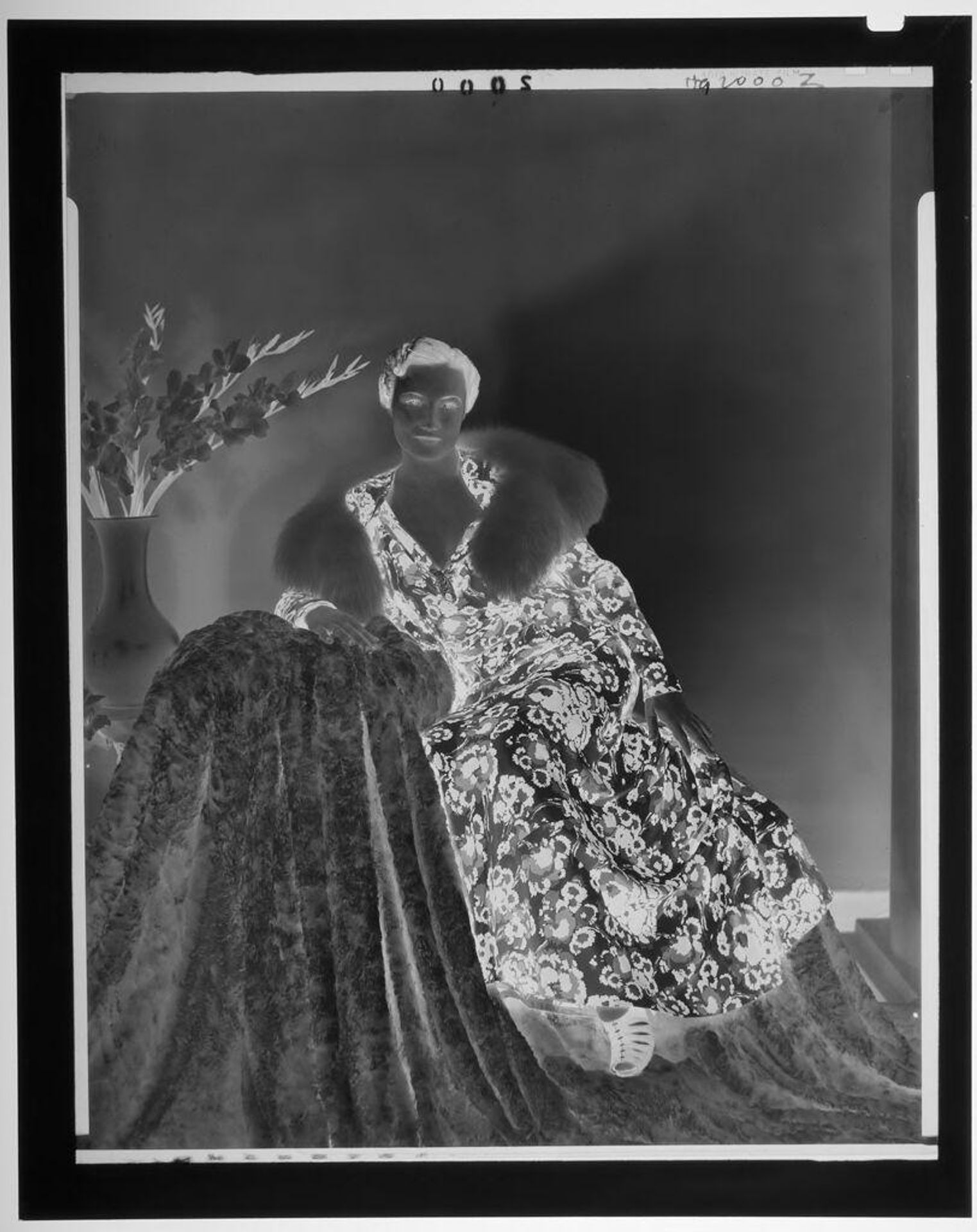 Untitled (woman in flower pattered dress and fur stole seated by flowers) by Paul Gittings