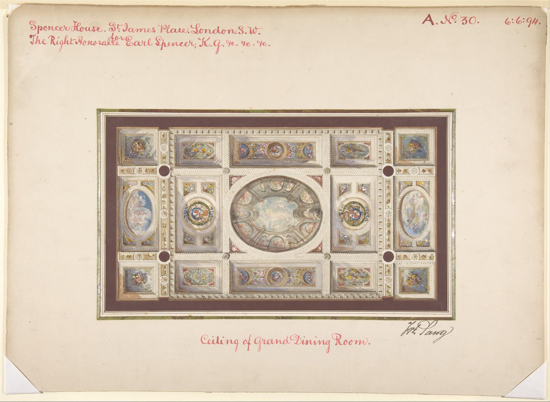 Ceiling of Dining Room, Spencer House, St. James Palace, London, about 1870 by Frederick Sang