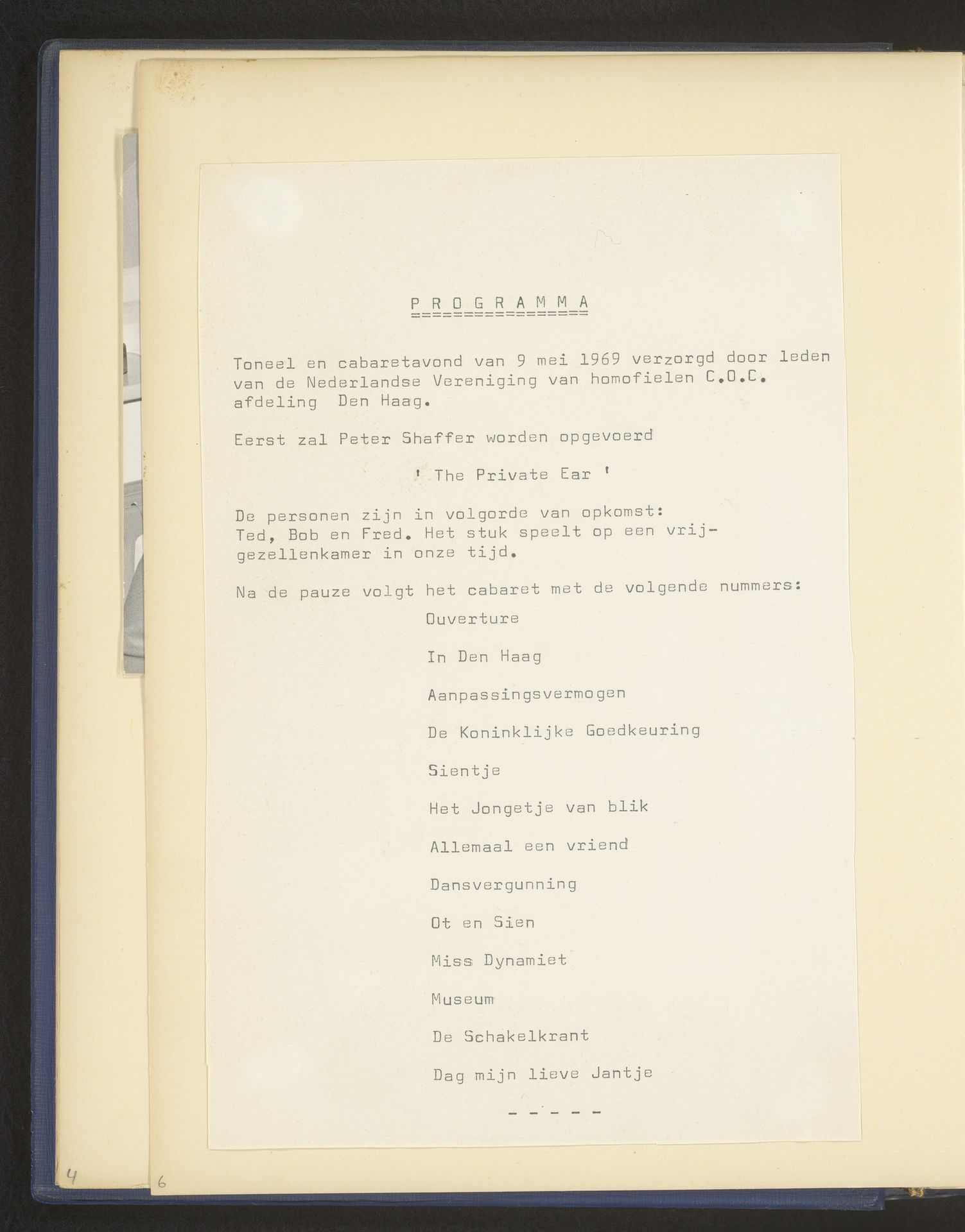 Programma voor toneel- en cabaretavond verzorgd door het COC op 9 mei 1969 by COC