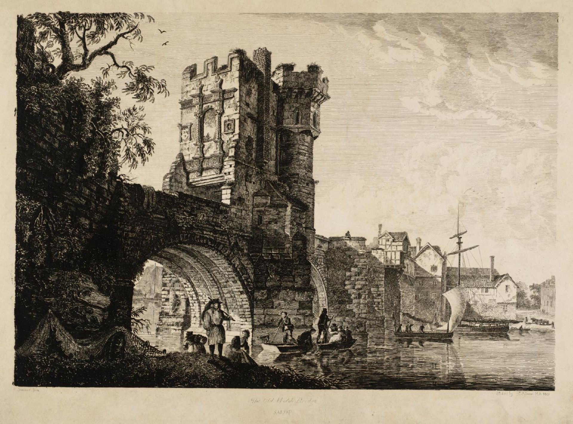 The Old Welsh Bridge, Shrewsbury (after Paul Sandby) by  Rev. Edward Pryce Owen