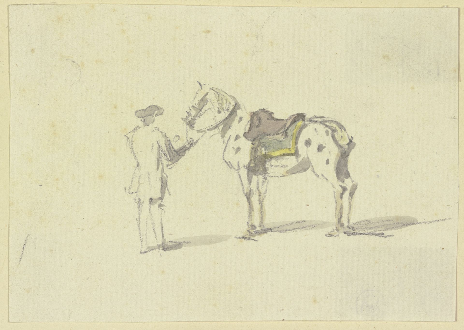 Ein Mann in Rückenansicht hält ein geflecktes Pferd am Zügel by Johann Ludwig Aberli