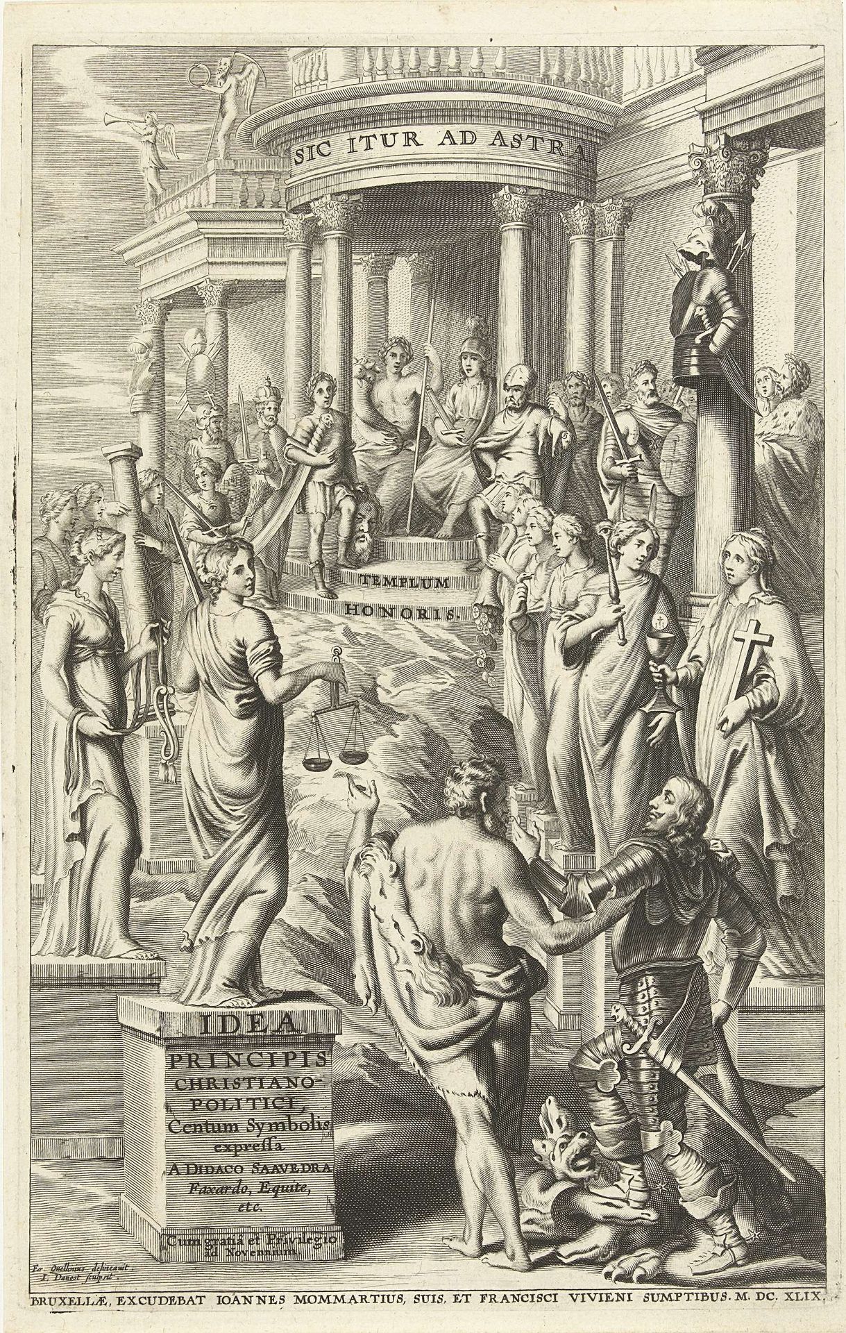 Hercules leidt man langs personificaties van deugden naar tempel voor eeuwige roem by J. Danoot