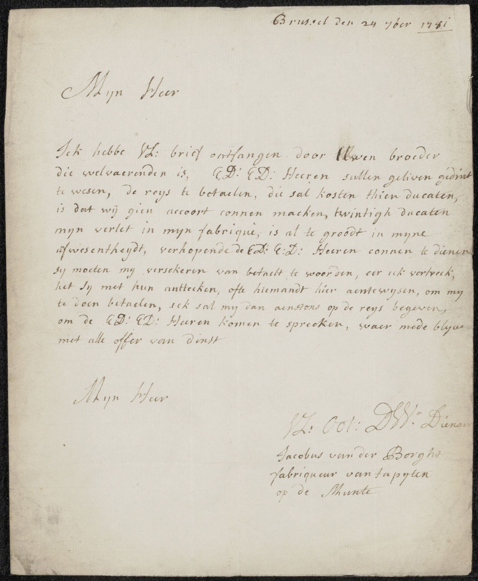 Brief aan Guilielmus Clabbeeck by Jacob van der (II) Borcht