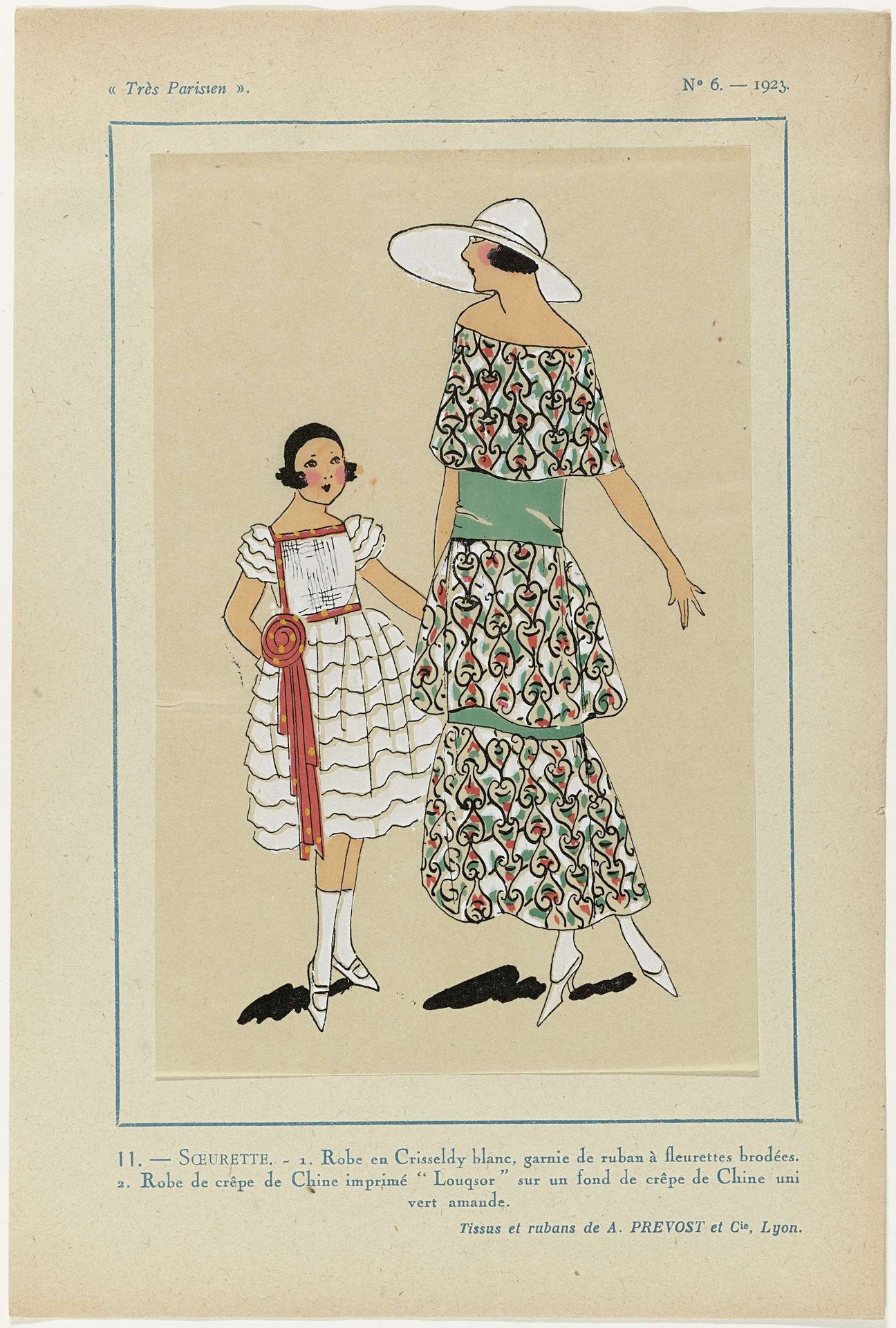 Très Parisien, 1923, No 6: 11.-SOEURETTE. - 1. Robe en Crisseldy blanc... by Anonymous