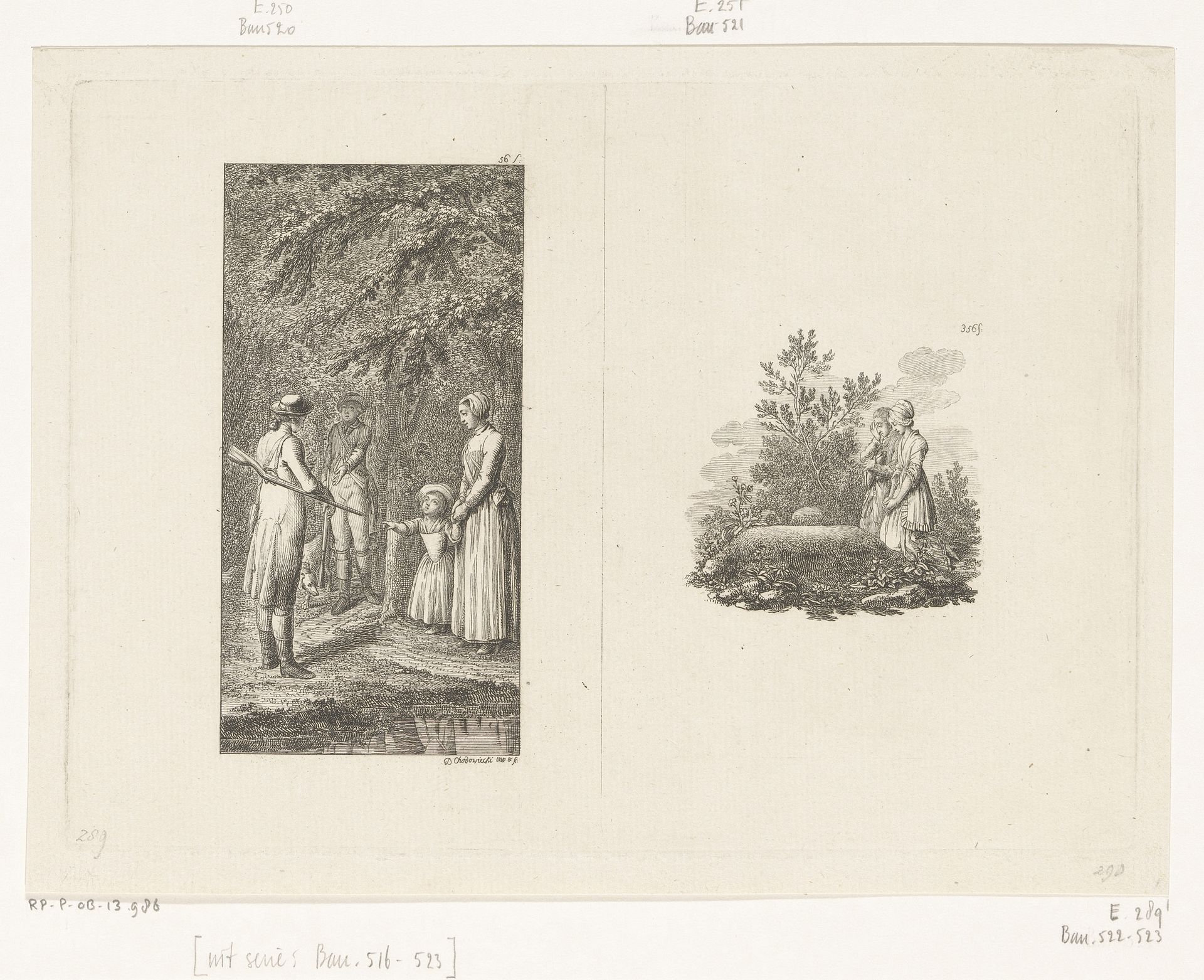 Gotthard en Alexander op jacht en Mine en Benjamin bij het graf van hun moeder by Daniel Nikolaus Chodowiecki