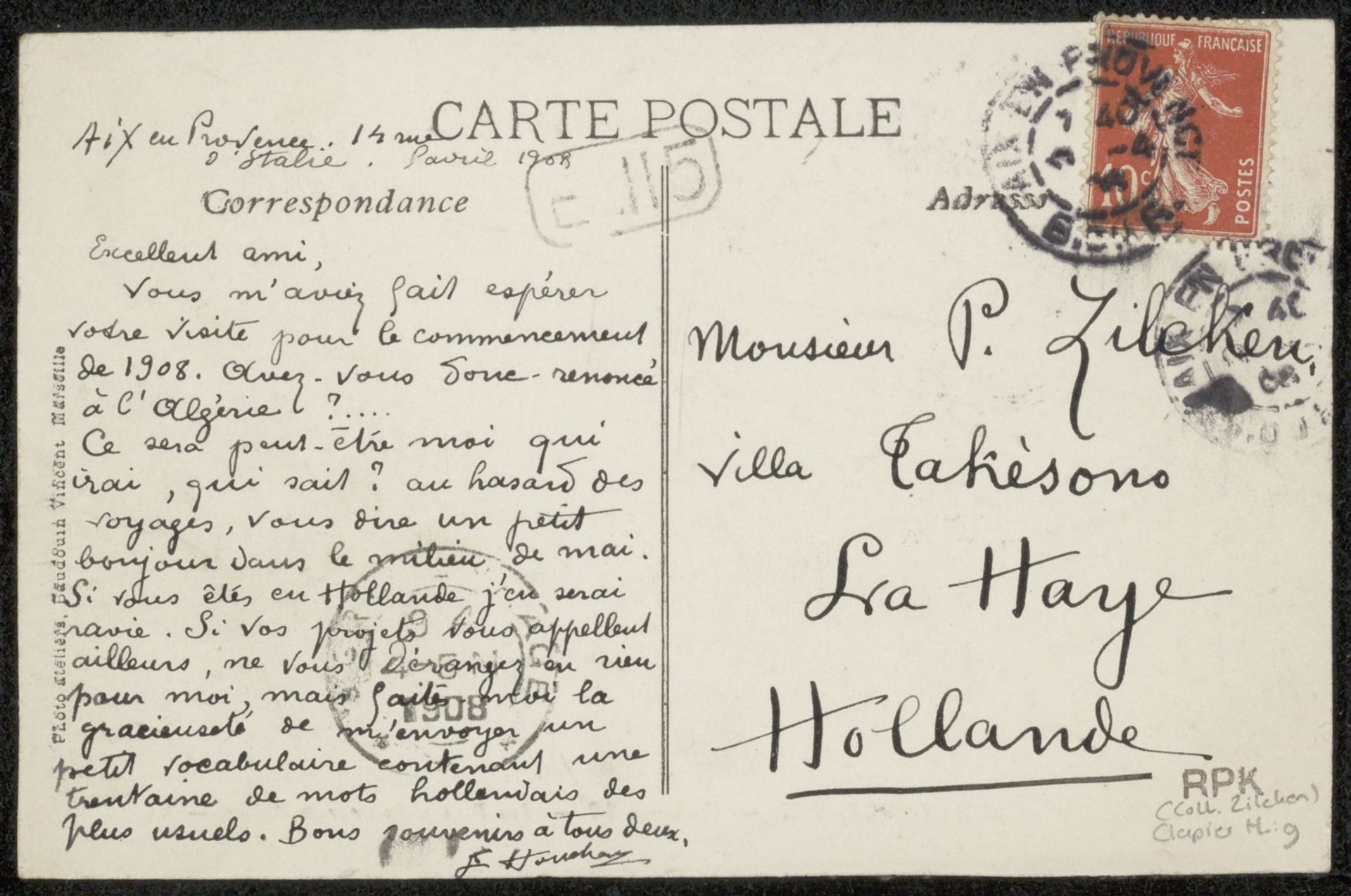 Prentbriefkaart aan Philip Zilcken by Eugénie Clapier-Houchart