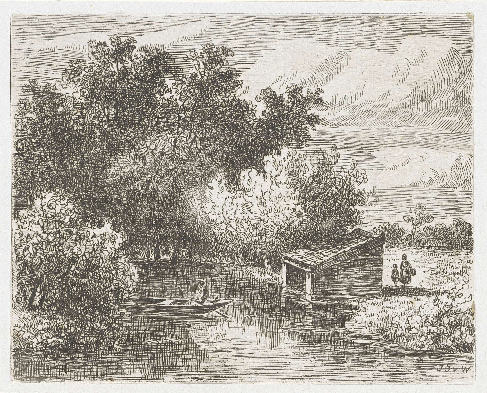 Boothuis aan een rivier by Johannes Pieter van Wisselingh
