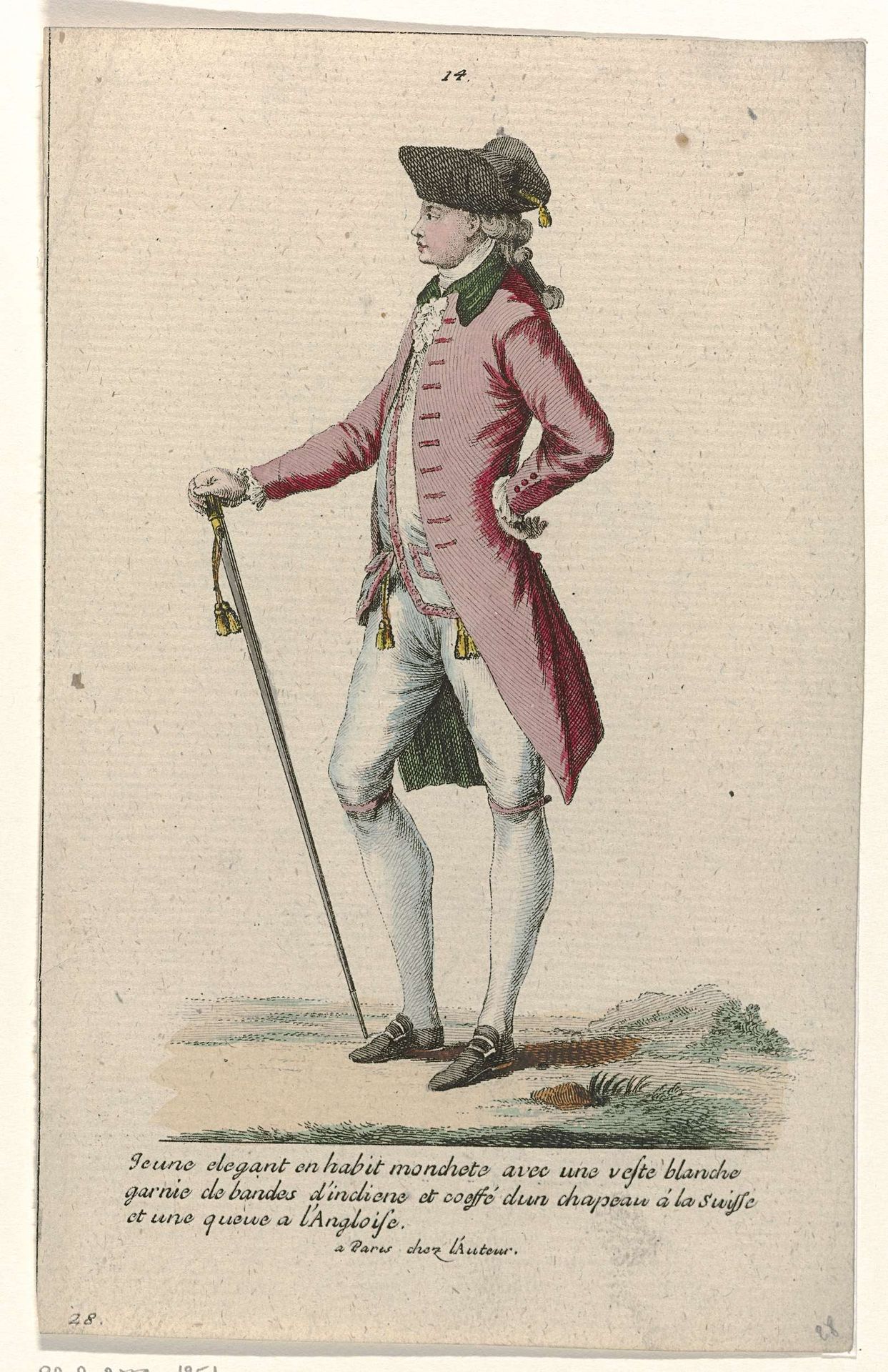 Gallerie des Modes et Costumes Français, 1785, nr. 14, nr. 28, Kopie naar J 52 : Jeune élégant en habit monchet (...) by Pierre Gleich