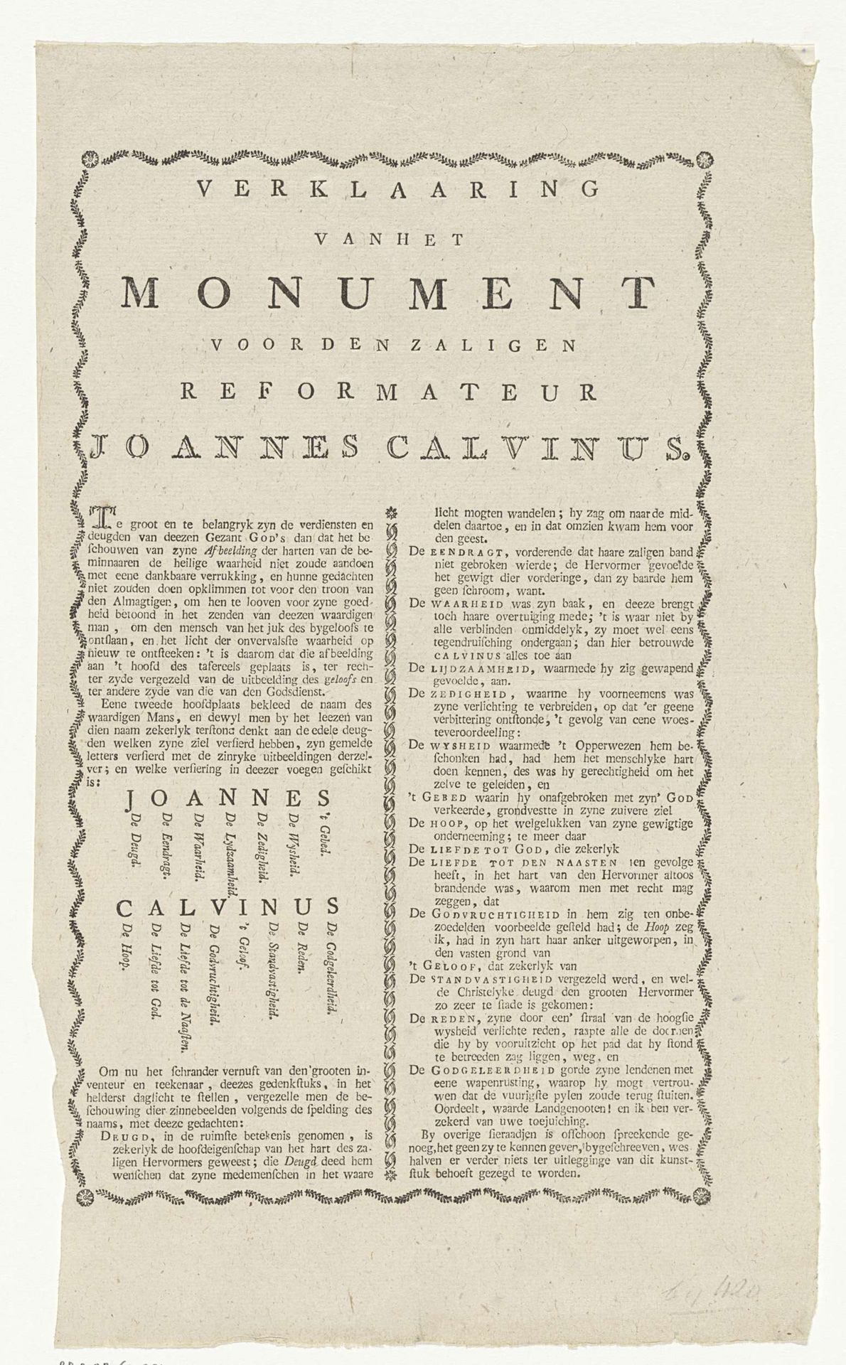 Verklarende tekst bij de prent "Monument voor Johannes Calvijn" by Theodoor Koning