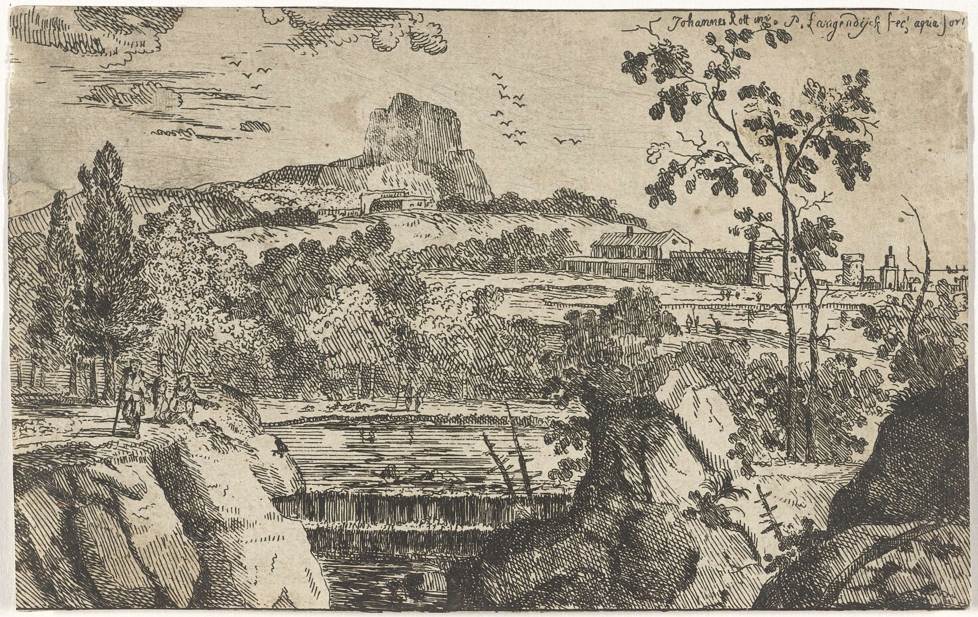 Bergachtig landschap met waterval by Pieter (I) Langendijk
