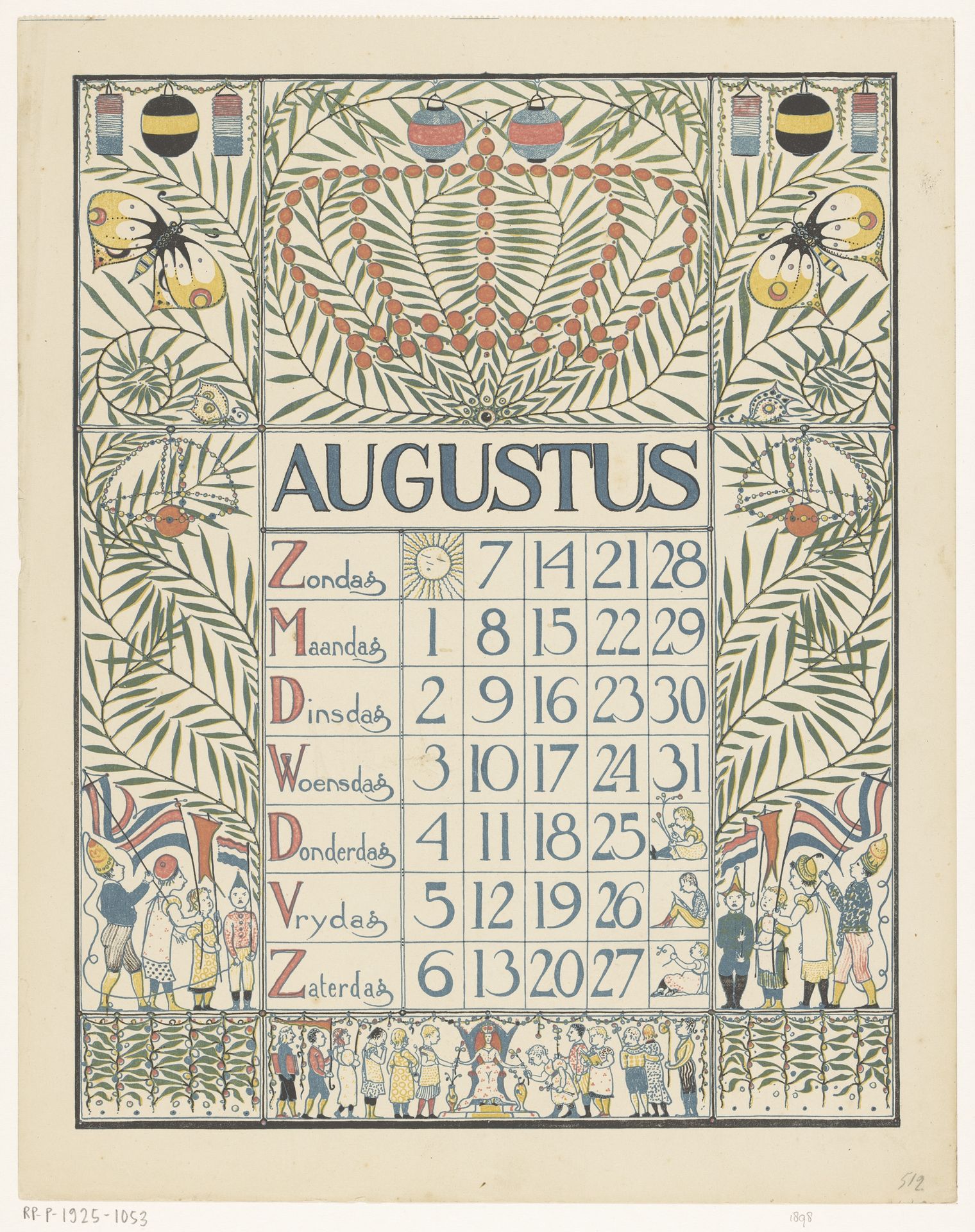 Kalender voor augustus 1898 by Theo Nieuwenhuis