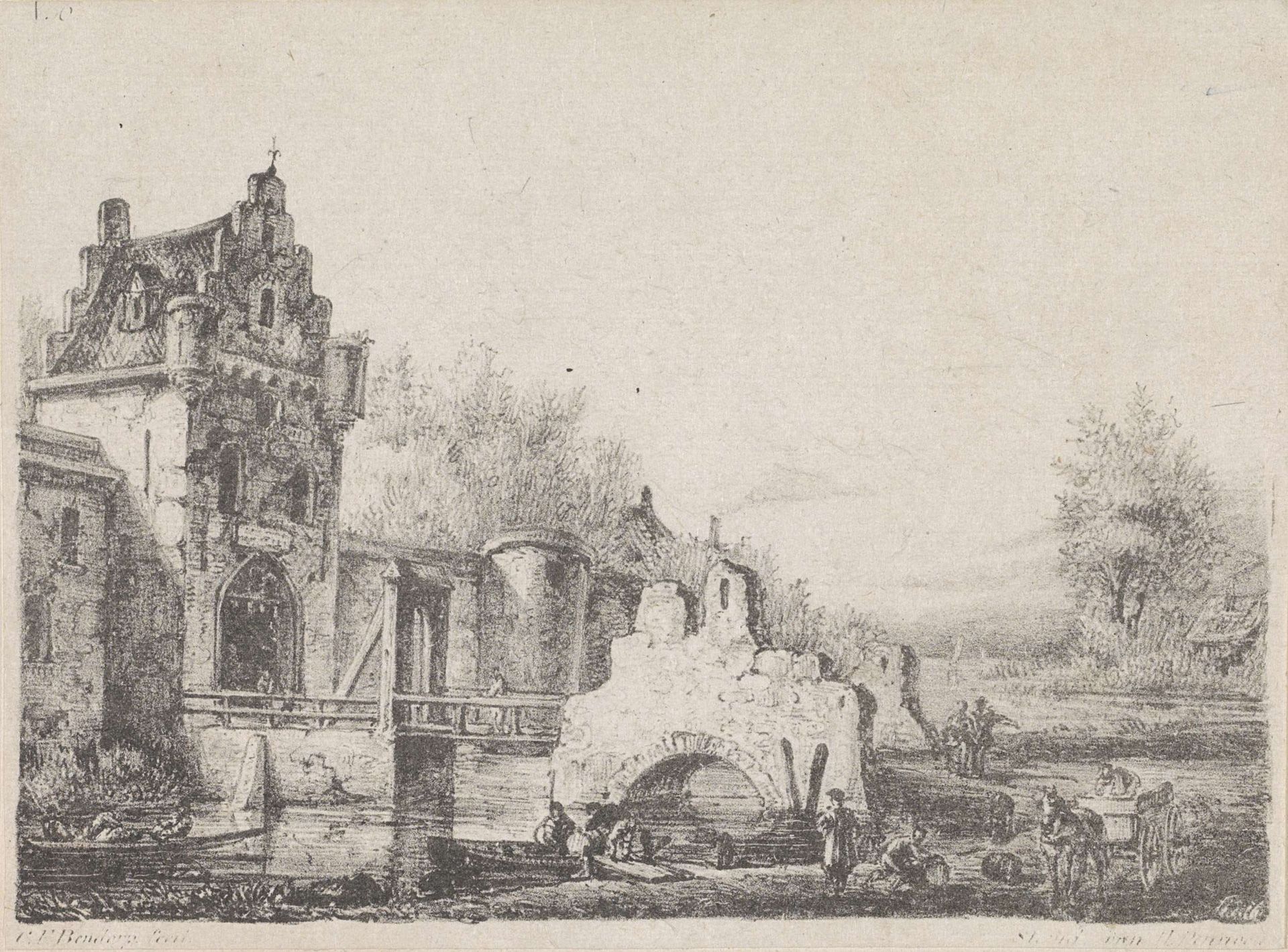 Landschap met stadspoort en ruïne by Carel Frederik (II) Bendorp