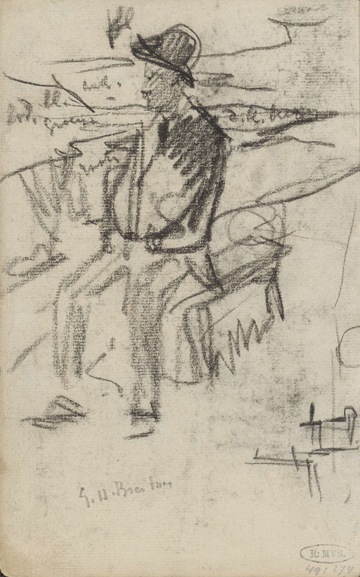 Man op een bank in een landschap by George Hendrik Breitner