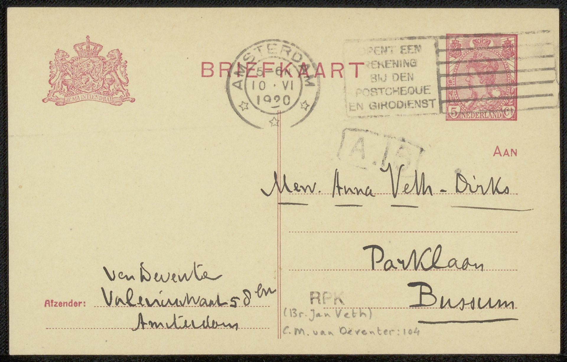 Briefkaart aan Anna Dorothea Dirks by Chap van Deventer