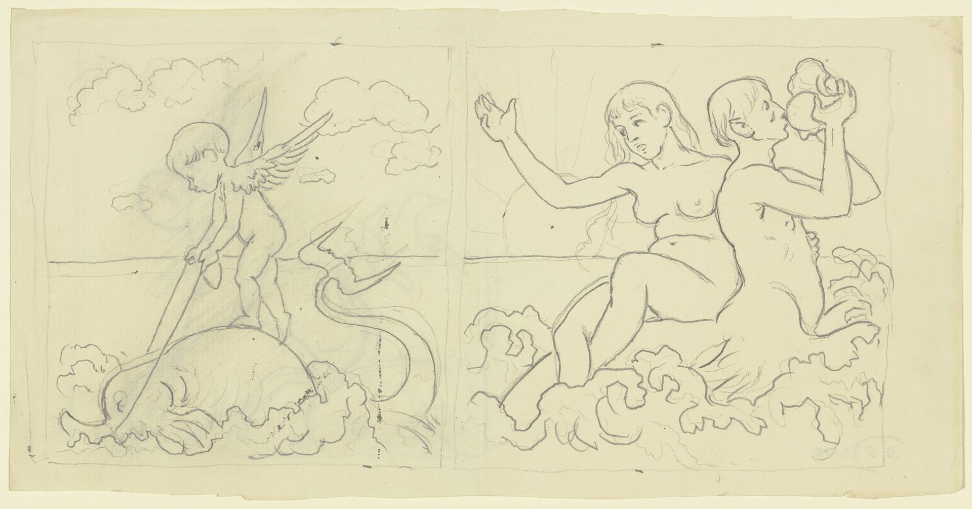 Putto auf Delphin, Tritonenpaar (Kachelentwürfe) by Hans Thoma