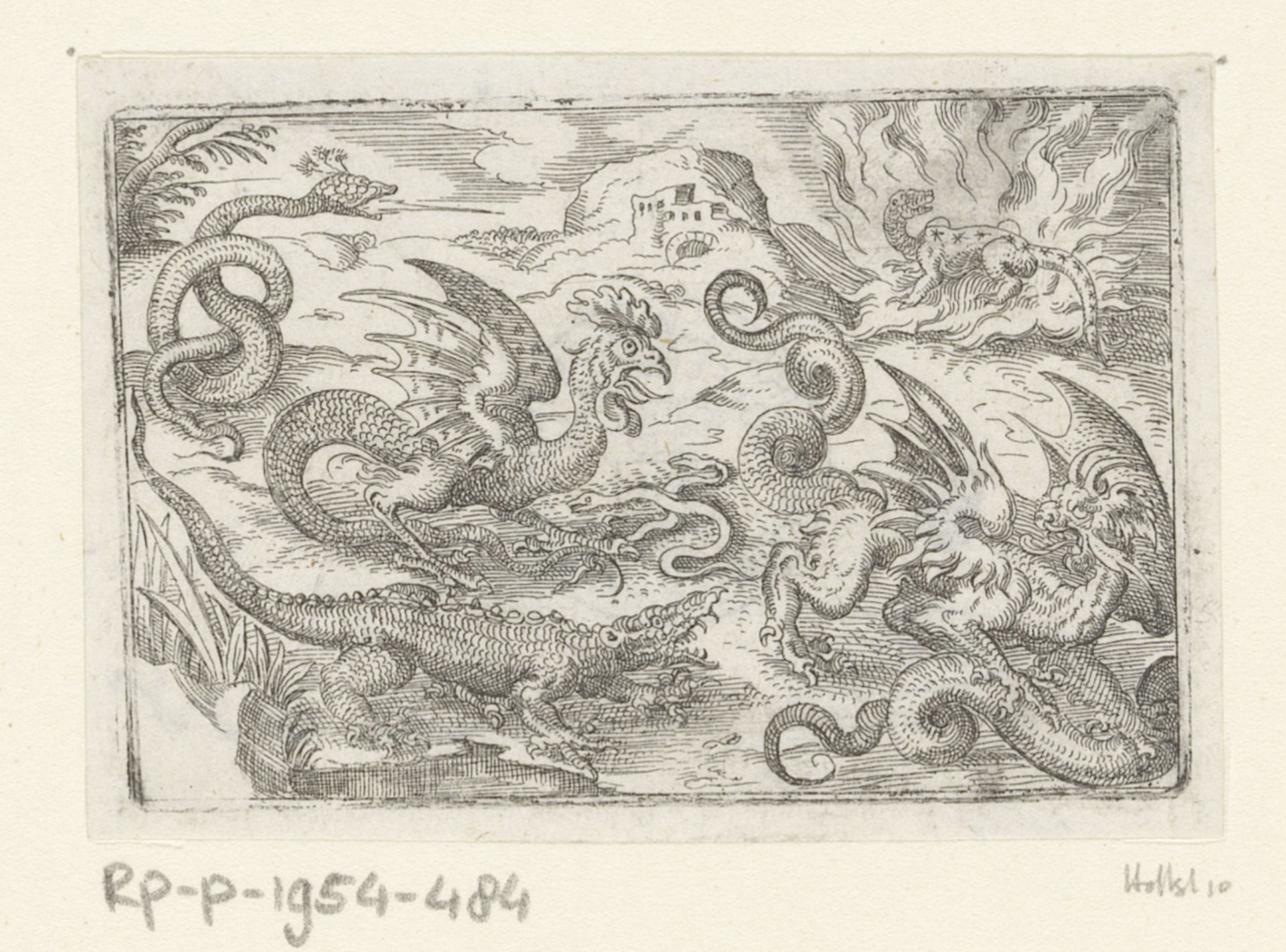 Drie slangen, een krokodil, een basilisk, een griffioen en een salamander omringd door vuur by Stephan Herman