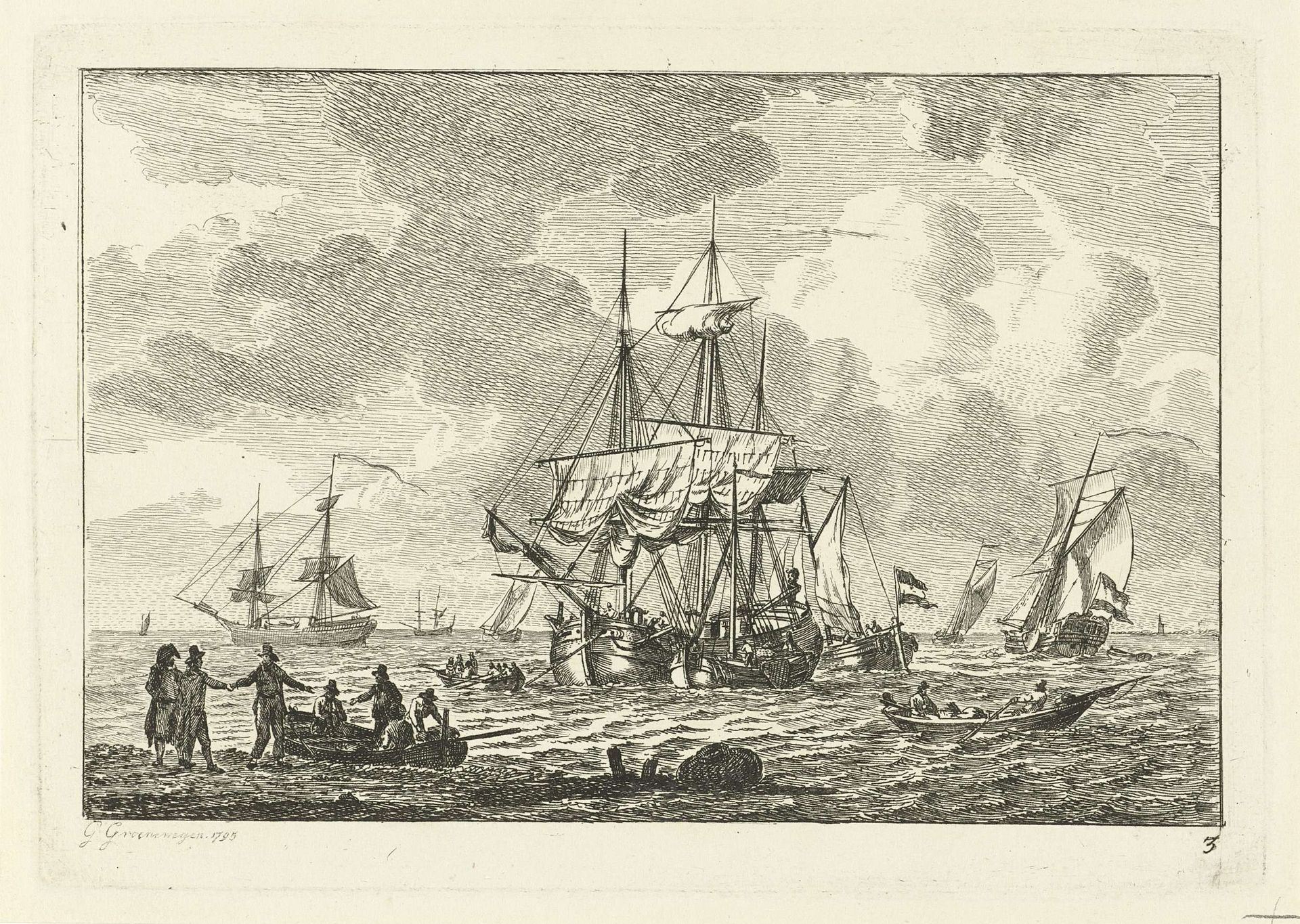 Zeegezicht met driemaster by Gerrit Groenewegen