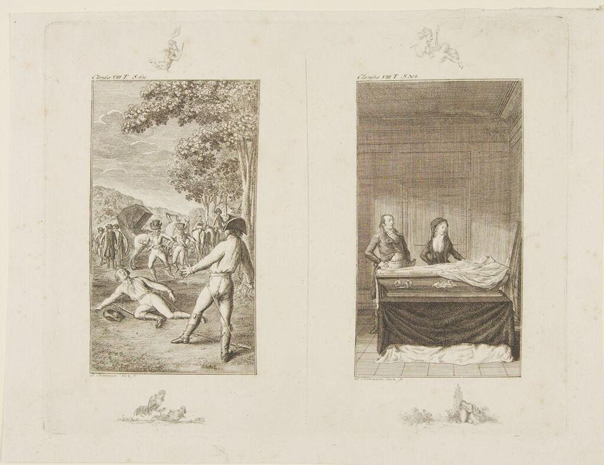 Two Illustrations for Samuel Richardson's 'Clarissa': "The duel of Lovelace and Morden" and "The body of Clarissa returned to her mother's home" by Daniel Nikolaus Chodowiecki