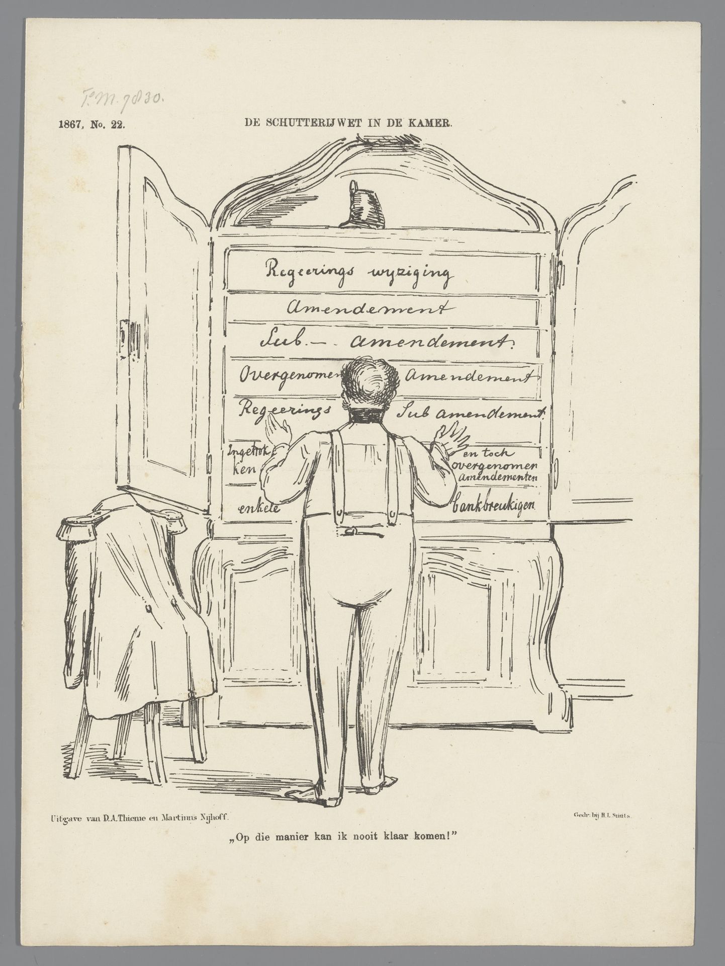 Spotprent op de vertraging van de Schutterijwet, 1867 by Johan Michaël Schmidt Crans