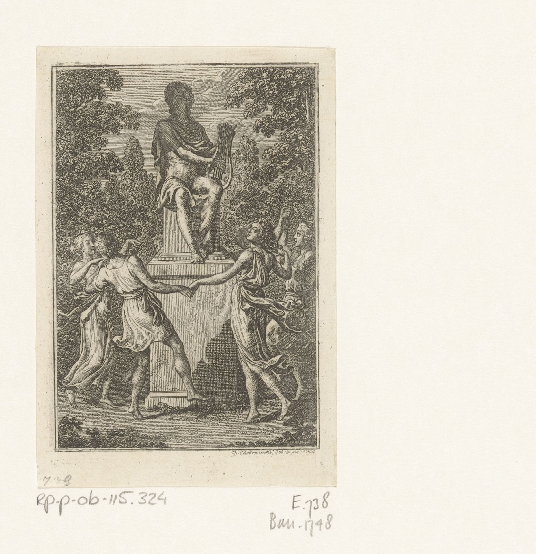 Jonge mannen en vrouwen dansen rond het standbeeld van Apollo by Daniel Nikolaus Chodowiecki