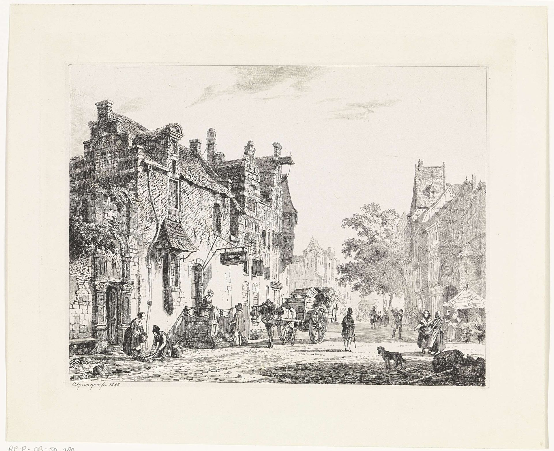 Stadsgezicht met paardenkar by Cornelis Springer