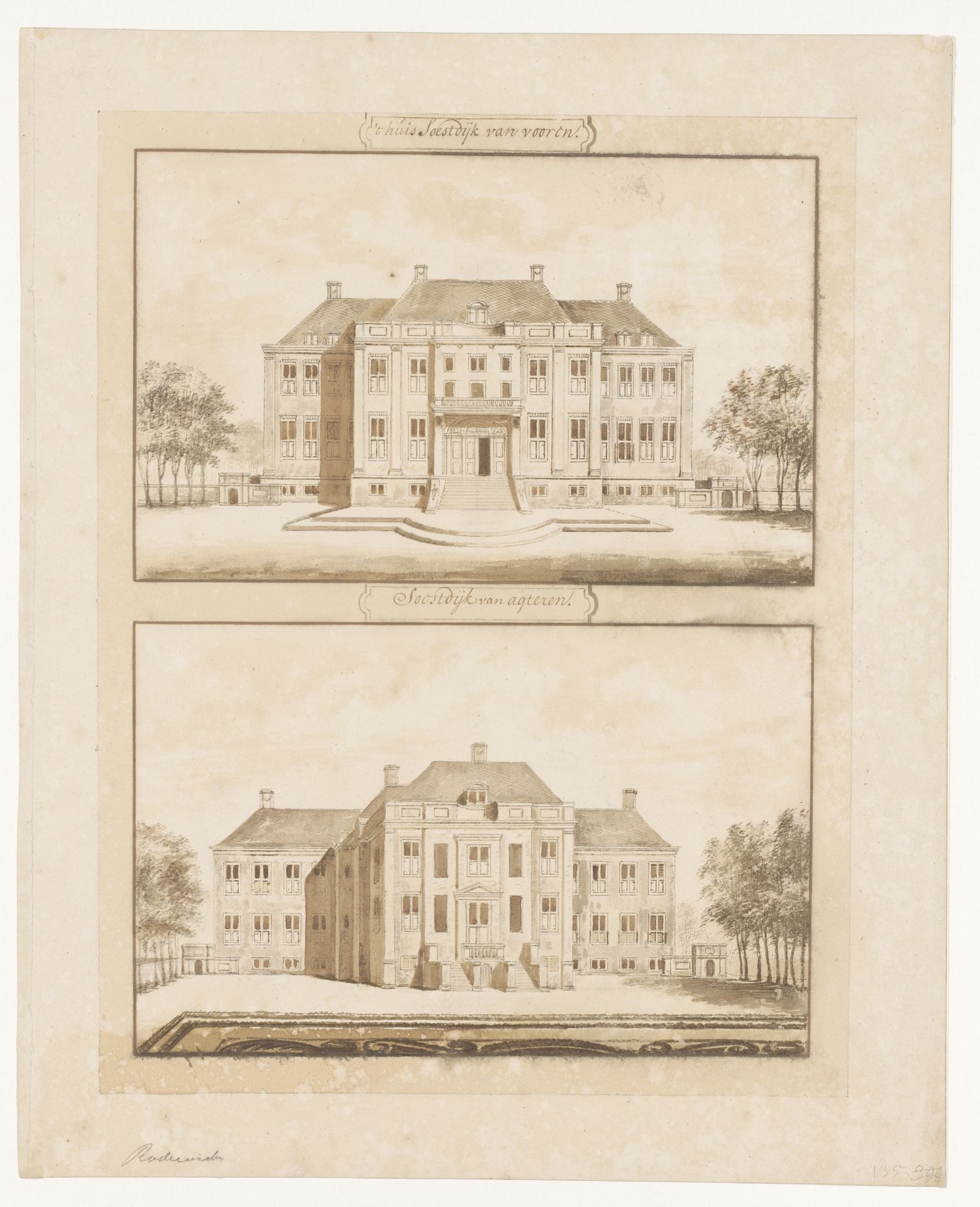 Huis Soestdijk, van voren en van achteren gezien by Abraham Rademaker
