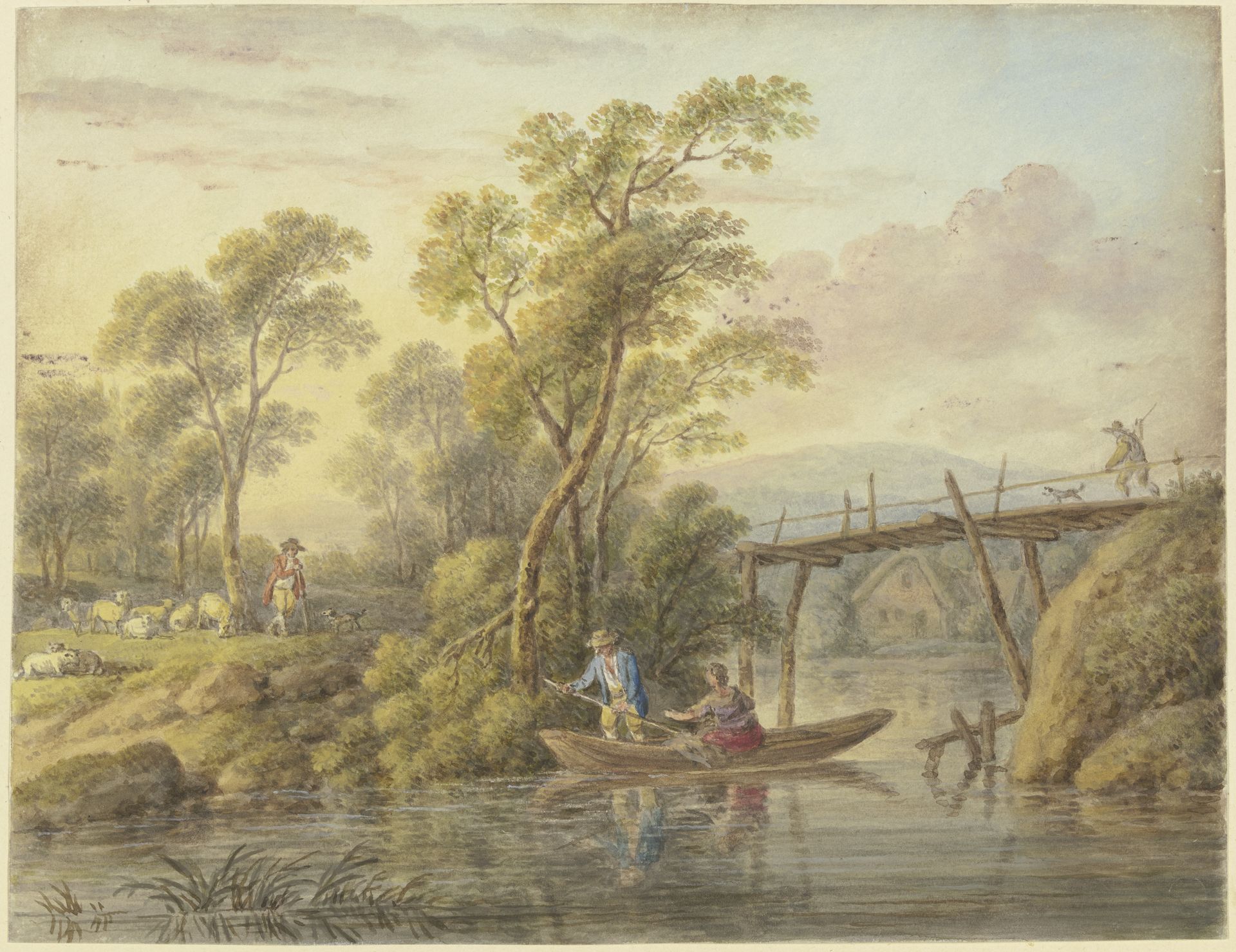 Landschaft mit einem Bach, über den eine hölzerne Brücke führt by Carl Philipp Schallhas