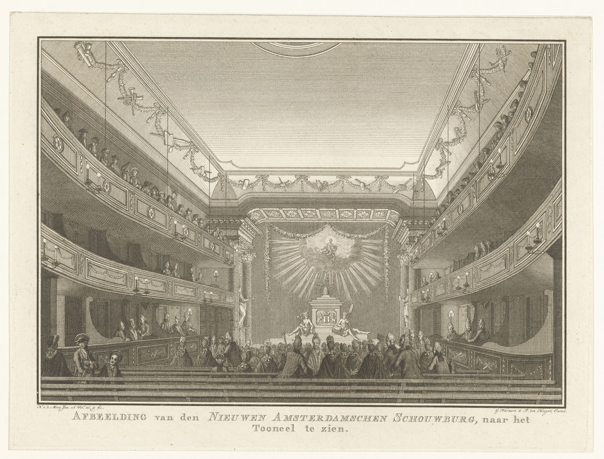 Gezicht op het toneel van de nieuwe Amsterdamse Schouwburg op het Leidseplein, 1774 by Noach van der (II) Meer