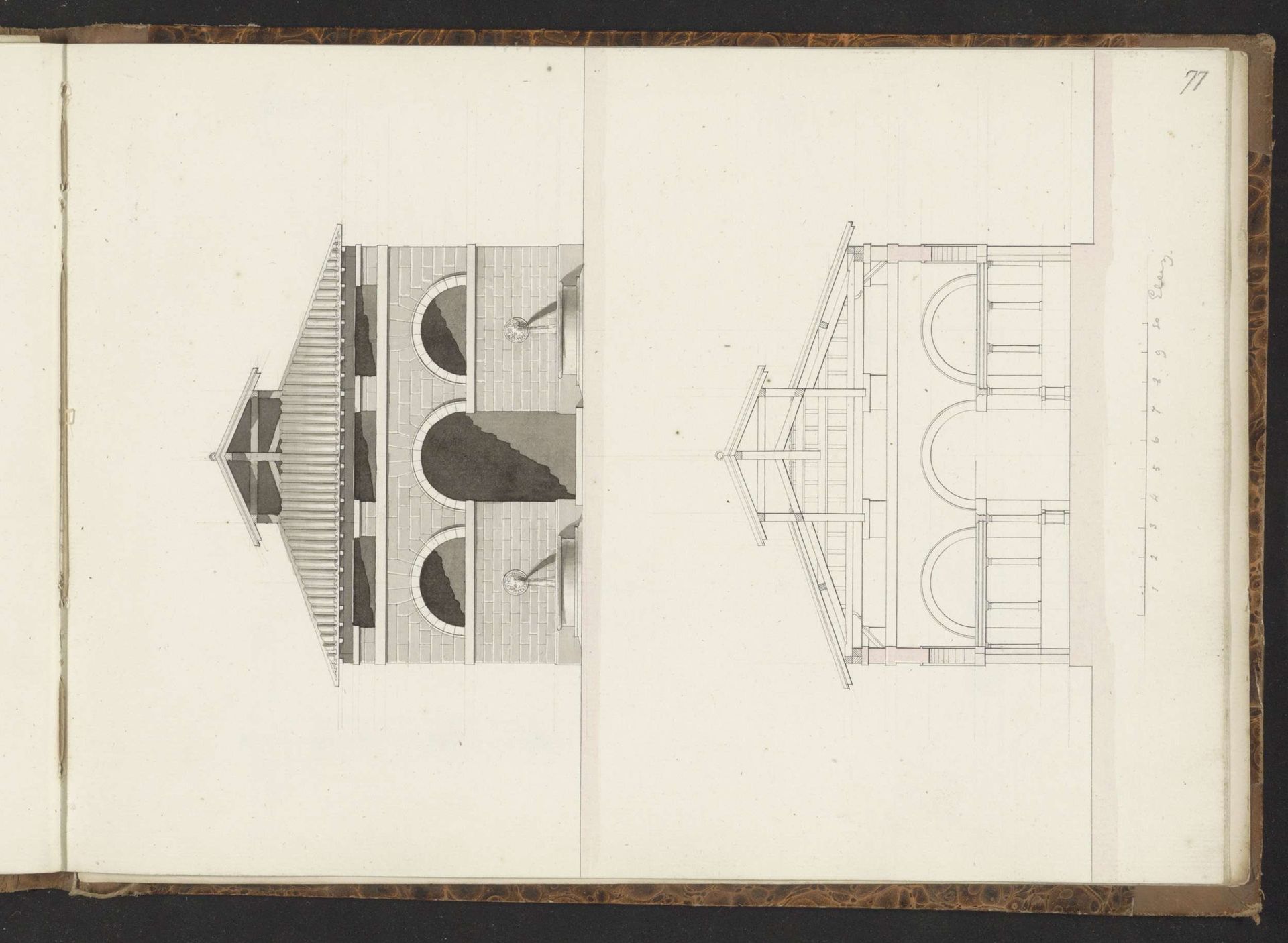 Voorgevel en doorsnede van een gebouw met twee waterspuwers by Willem Springer jr.