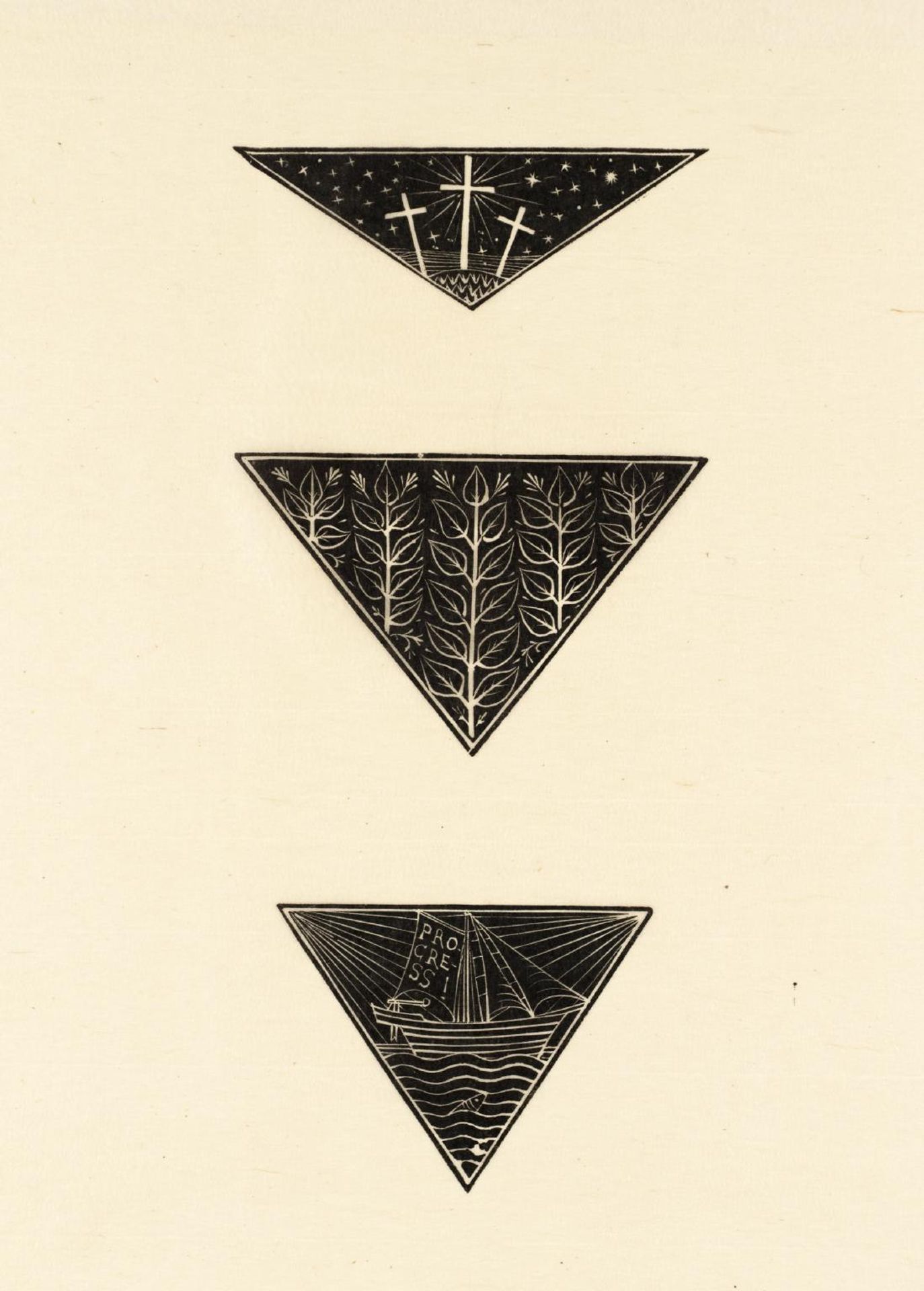 Calvary, Five Stalks of Leaves, and Ship by Eric Gill