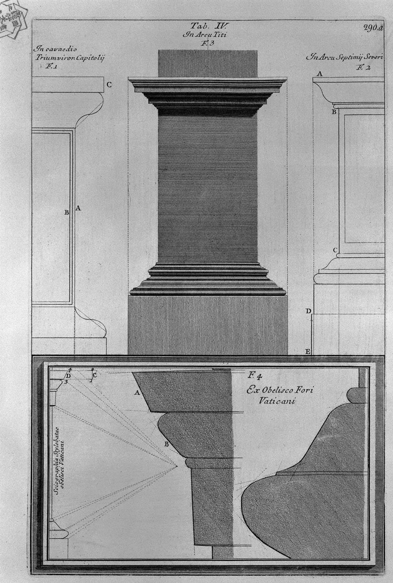 Architectural details of the Arches of Titus and Septimius Severus and the obelisk in Piazza of St. Peter by Giovanni Battista Piranesi