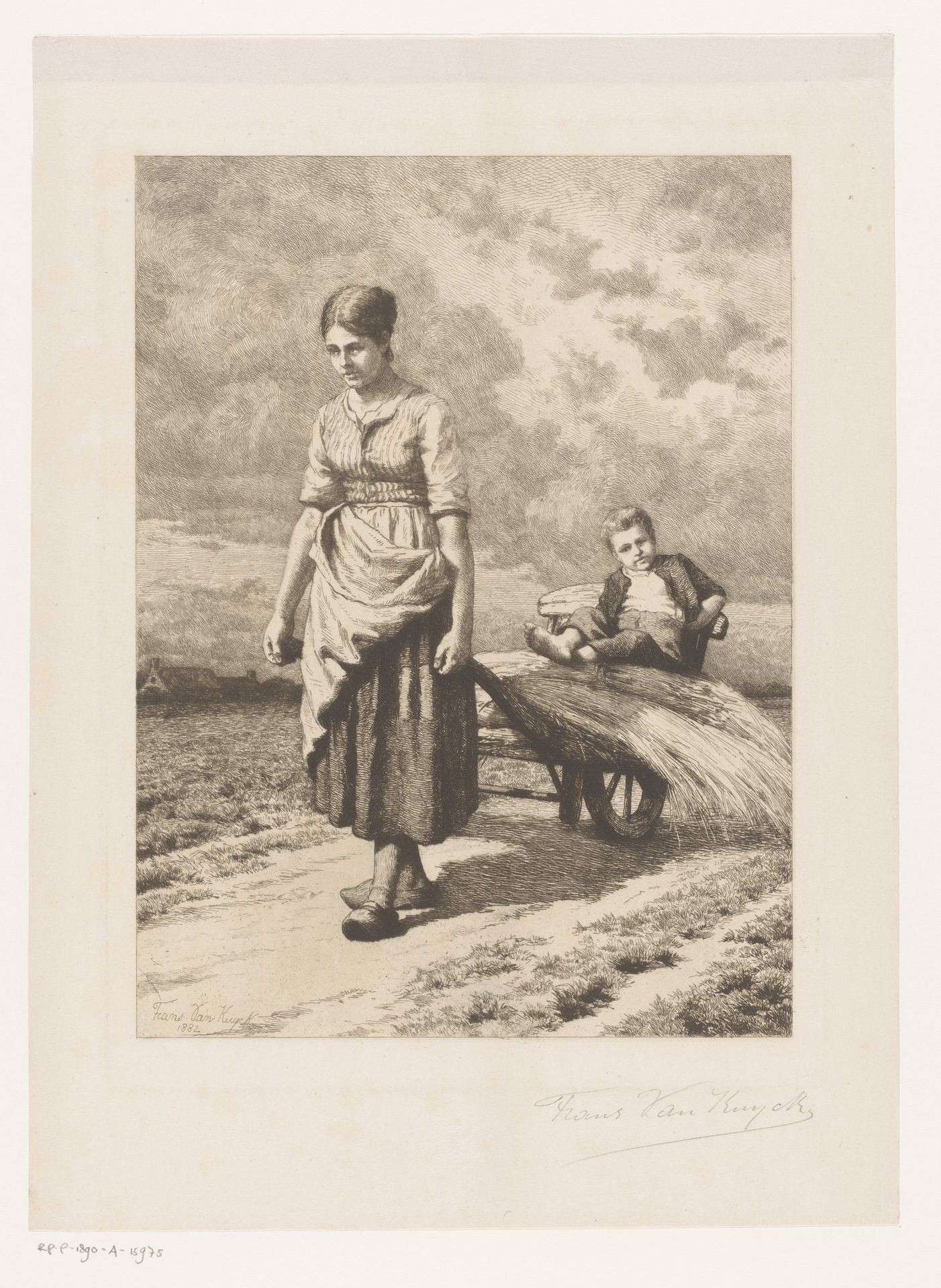 Vrouw loopt met een kruiwagen met hooi en een kind over het land by Frans Van Kuyck