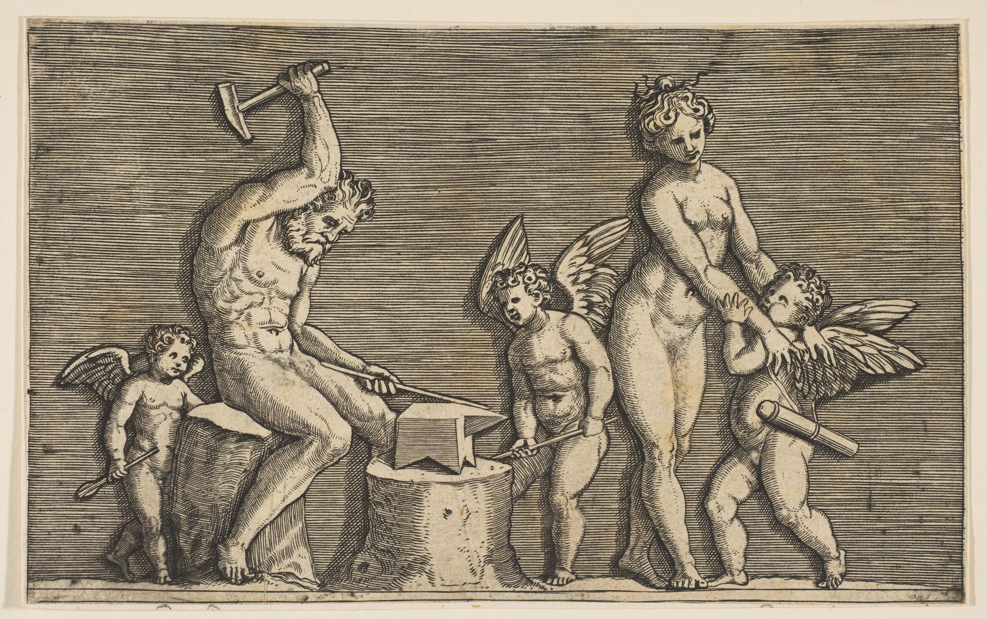 Vulcan seated hammering on an anvil flanked by Venus and three cupids by Marco Dente