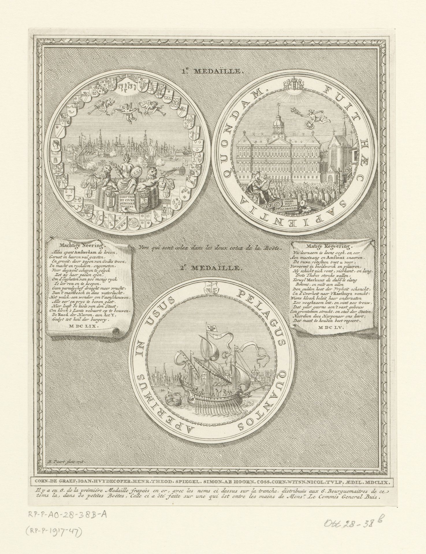 Twee penningen op de inwijding van het nieuwe stadhuis van Amsterdam, 1655 by Bernard Picart