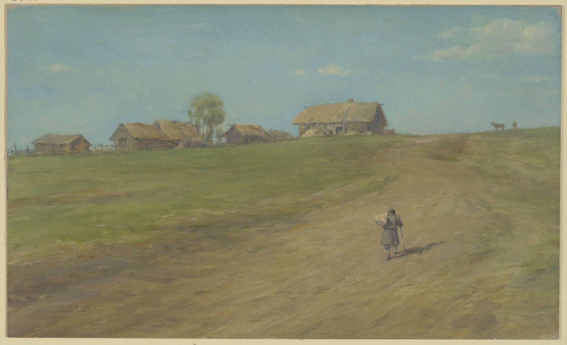 Bauersmann mit Stab einen Steppenhügel mit Häusern ersteigend by Wilhelm Amandus Beer