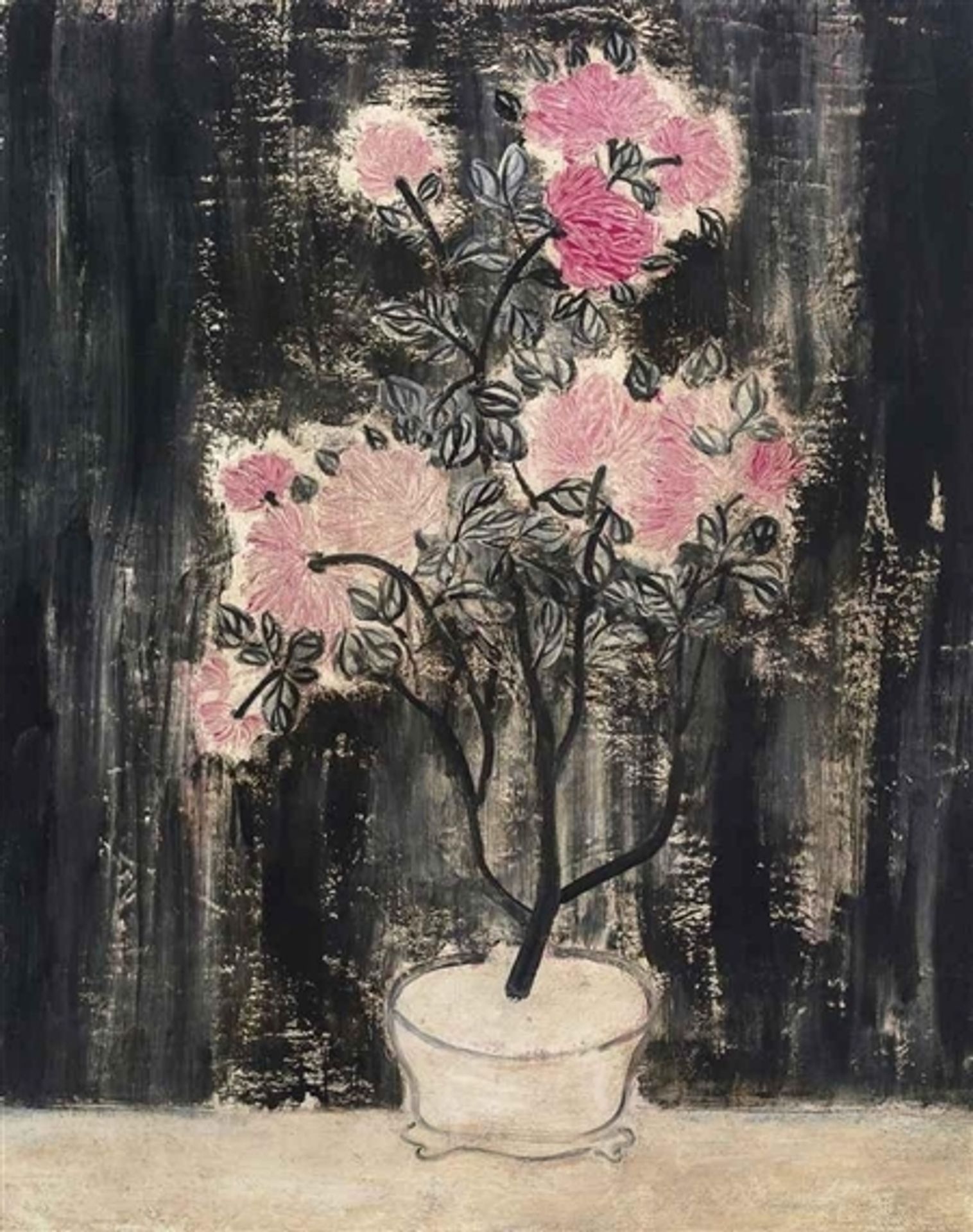 Pot de chrysanthèmes roses by Sanyu