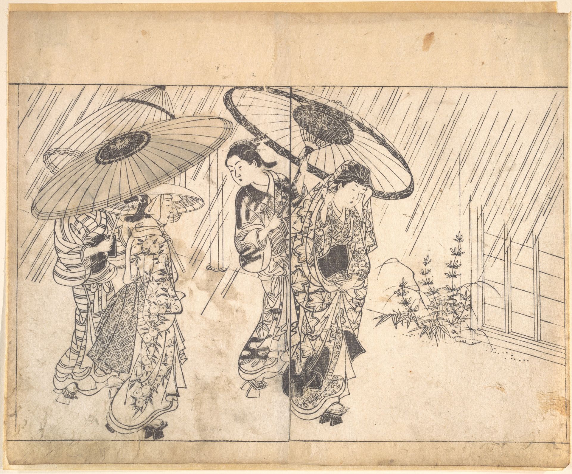 A Lady with Three Attendants in the Rain by Nishikawa Sukenobu 西川祐信