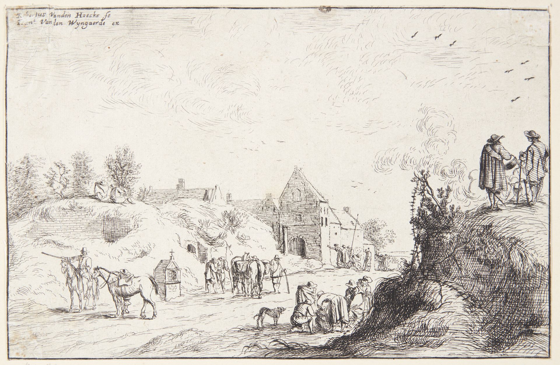 To soldater og en kvinde på en lille bakke, samlet om et bål med en kedel by Robert van den Hoecke