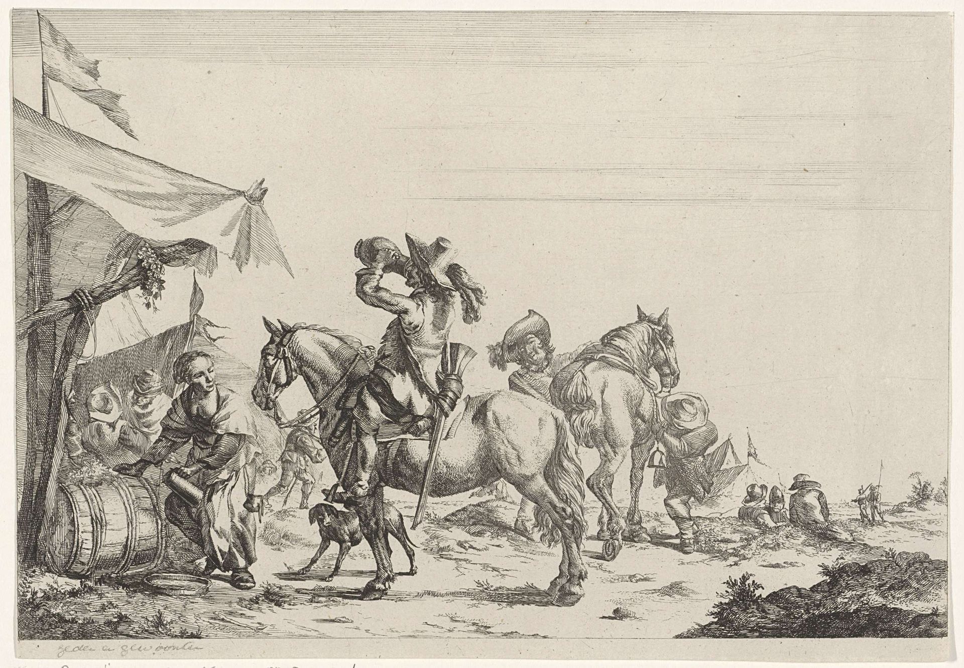 Ruiters rusten bij een tent by Romeyn de Hooghe