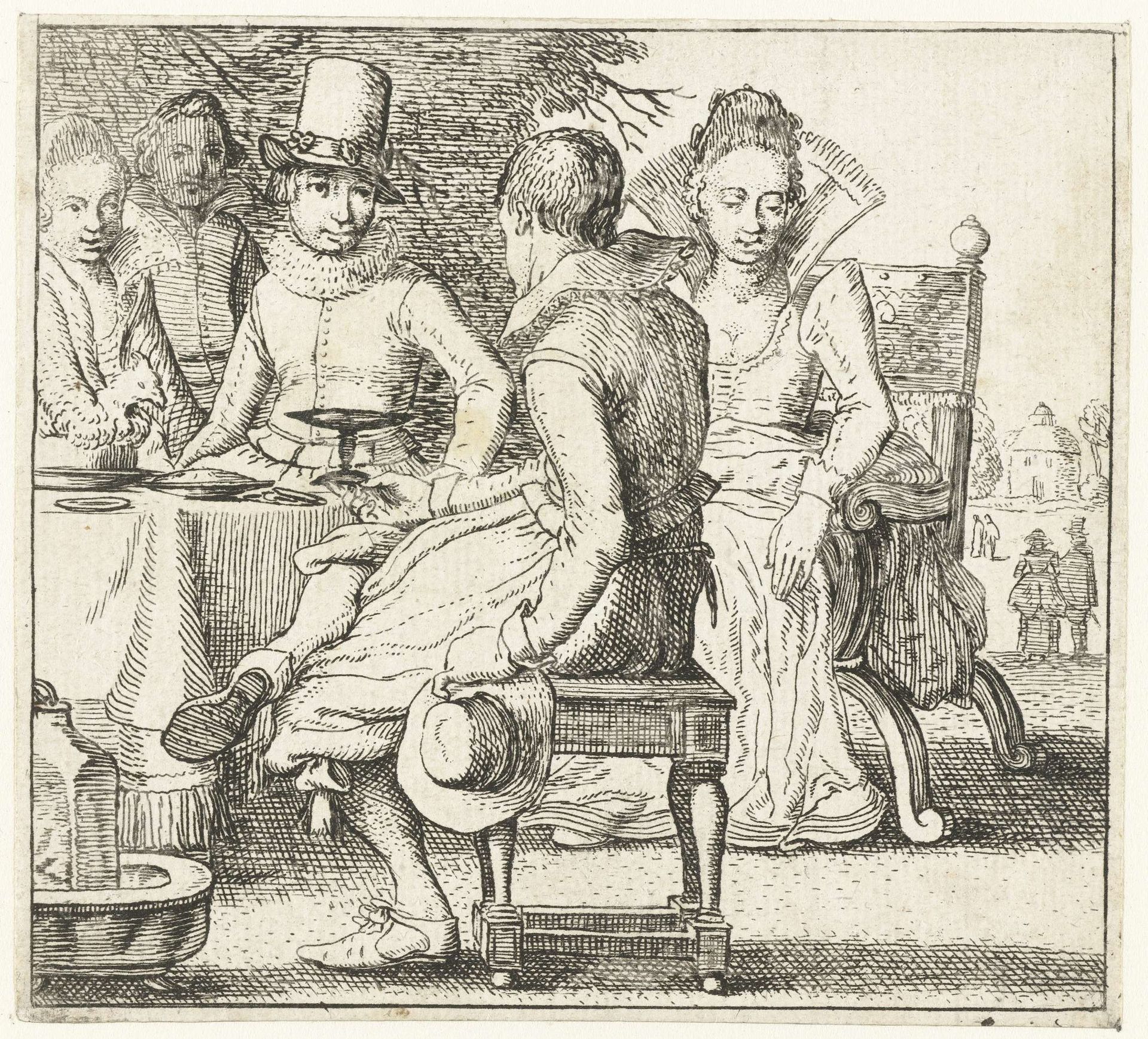 Vijf personen zittend rond een tafel op een terras by Anonymous