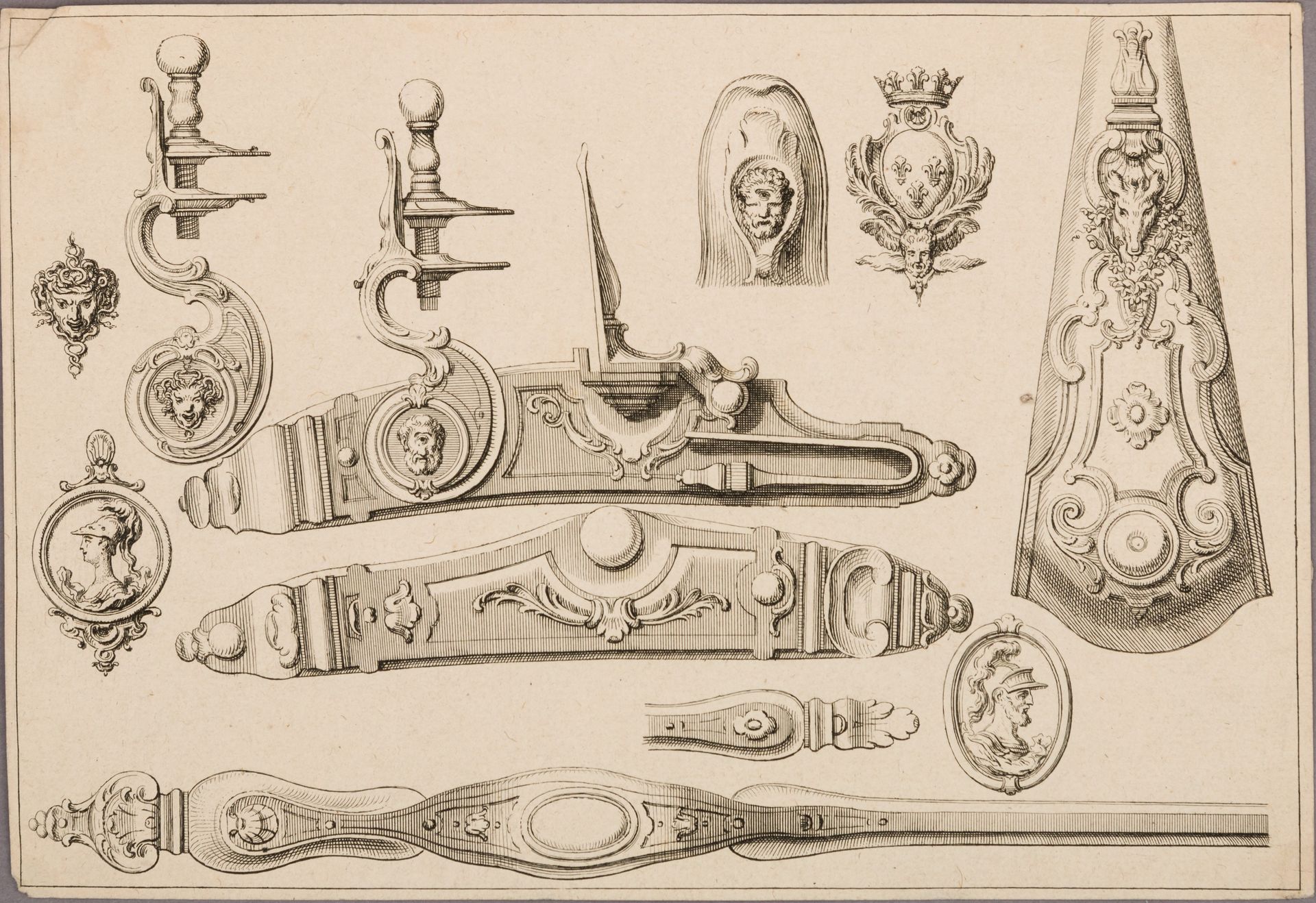 Design of a Flintlock, Side Plate, Butt Plate, and Trigger Guard, unnumbered plate from Nouveaux Desseins d'Arquebuserie Inventez et Gravez par Le Sr. Gillot by Claude Gillot