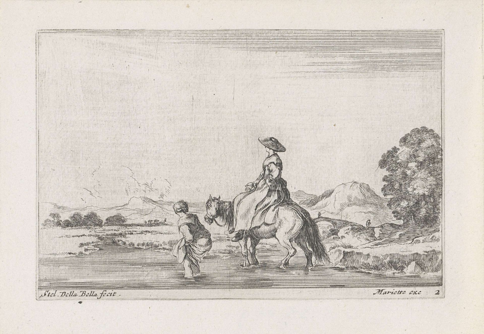 Boerin te paard en boerin te voet steken rivier over by Stefano della Bella