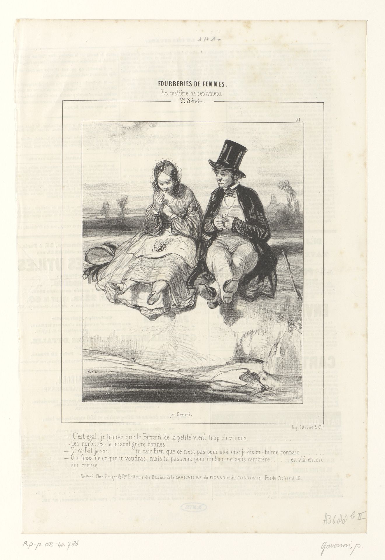 Man met noten etende vrouw aan de waterkant by Paul Gavarni
