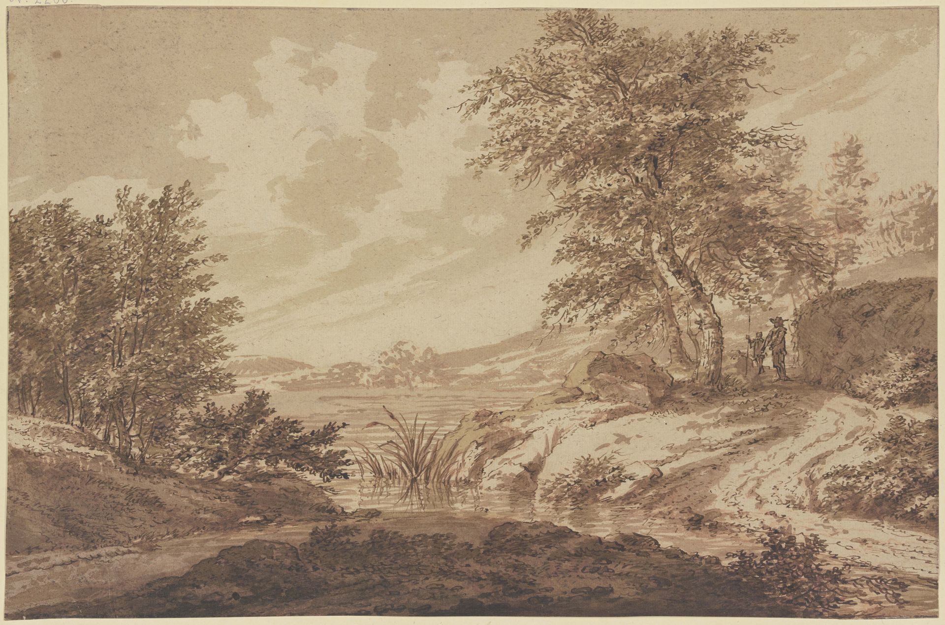 Landschaft mit einem Fluss, rechts ein Felsstück unter Bäumen, dabei ein Mann mit einem Knaben, der eine Lanze hält by Jan Wils