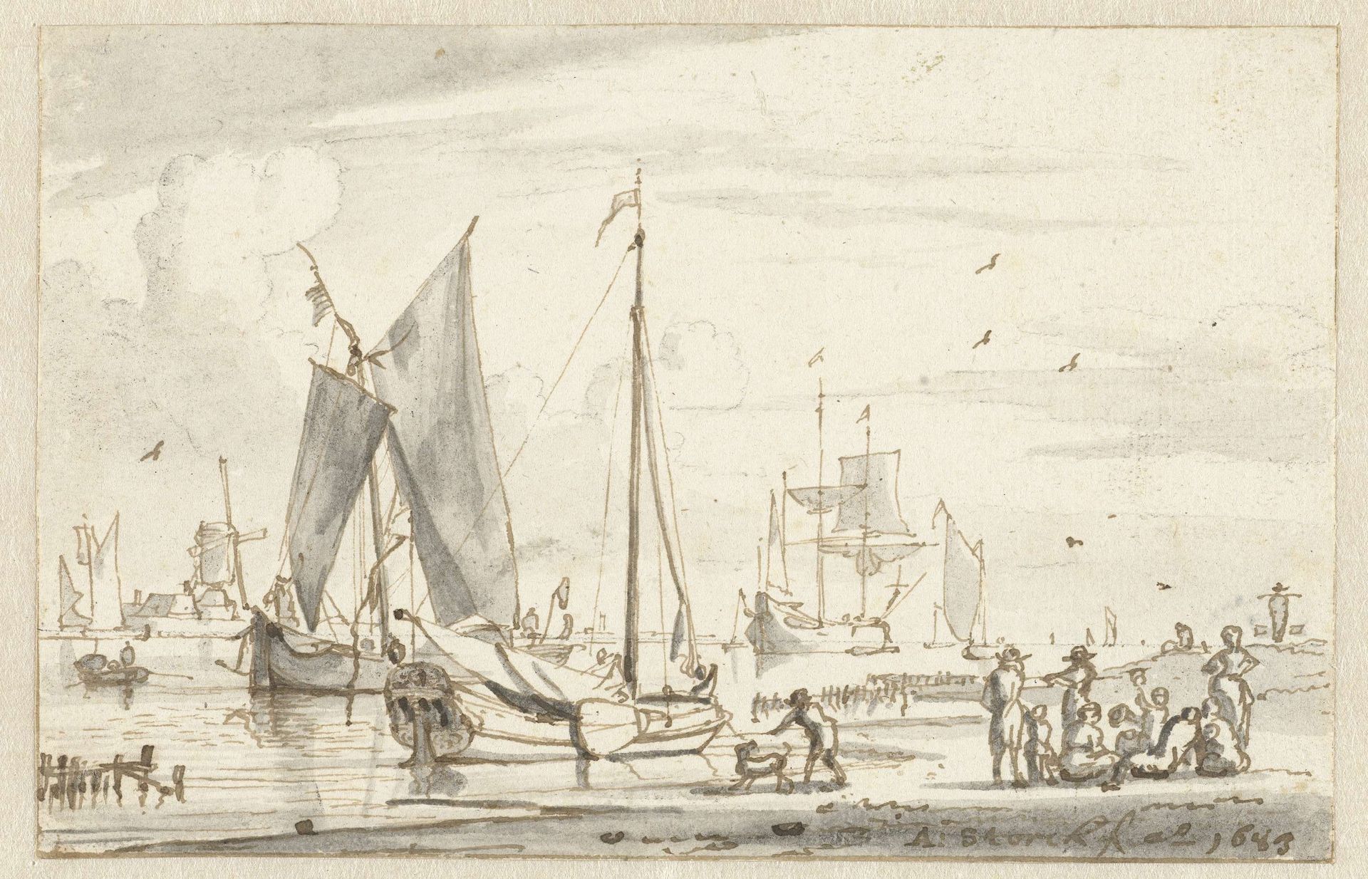 Rivieroever met enkele schepen by Abraham Storck