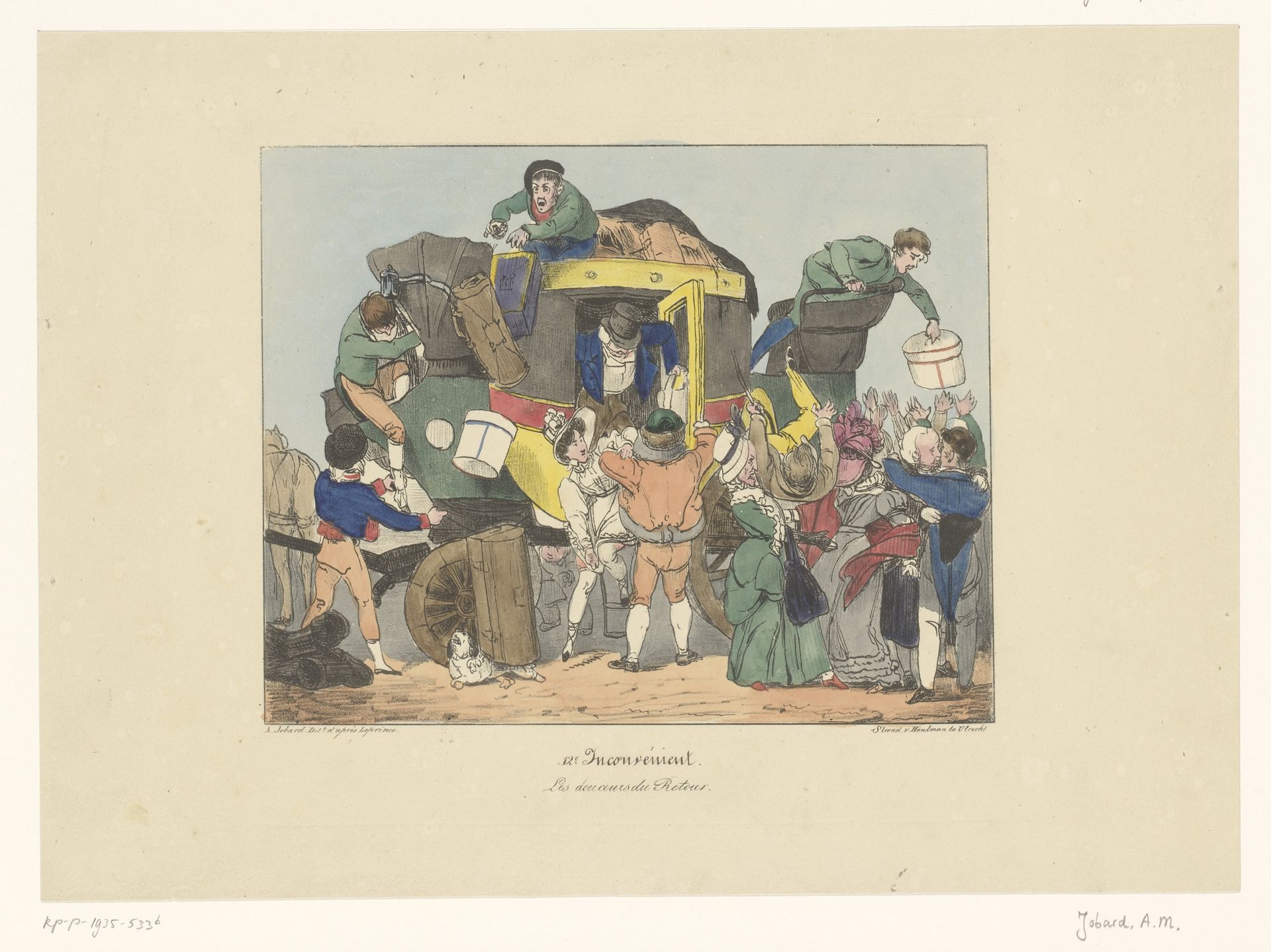 Passagiers stappen na terugreis uit een omnibus by Joseph Ambroise Jobard