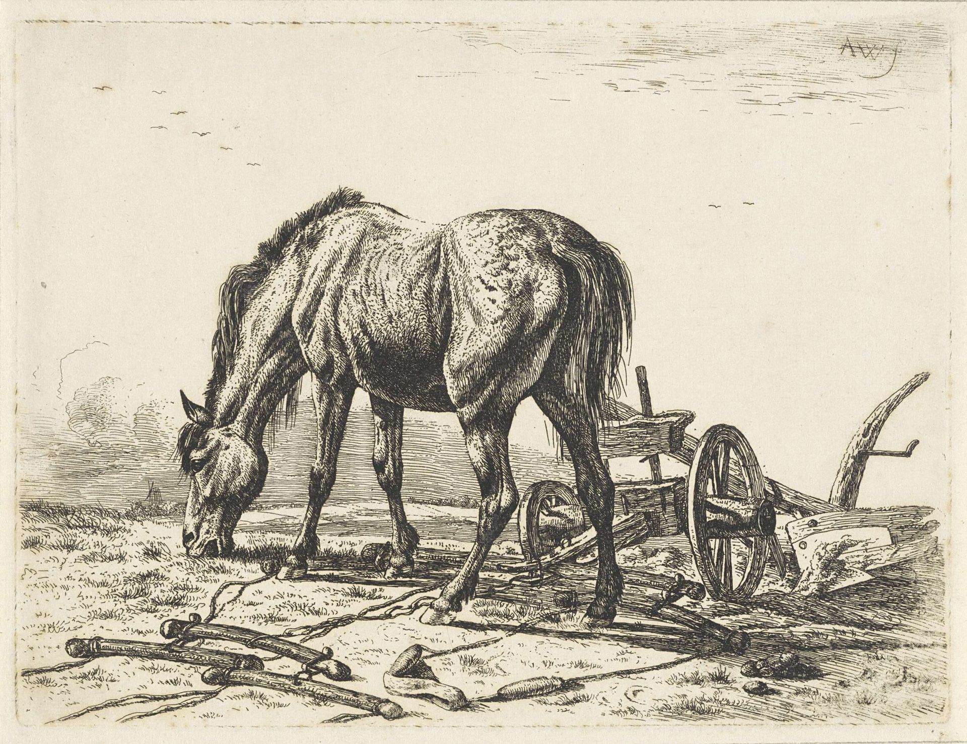 Grazend paard bij een ploeg by Abraham Hendrik Winter